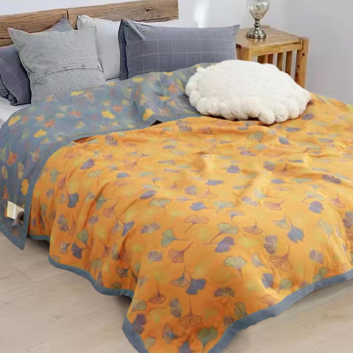Colcha reversible de muselina de algodón, colcha de Ginkgo, ligera, tamaño Queen, transpirable, acolchado, para verano, para sofá (79 pulgadas de