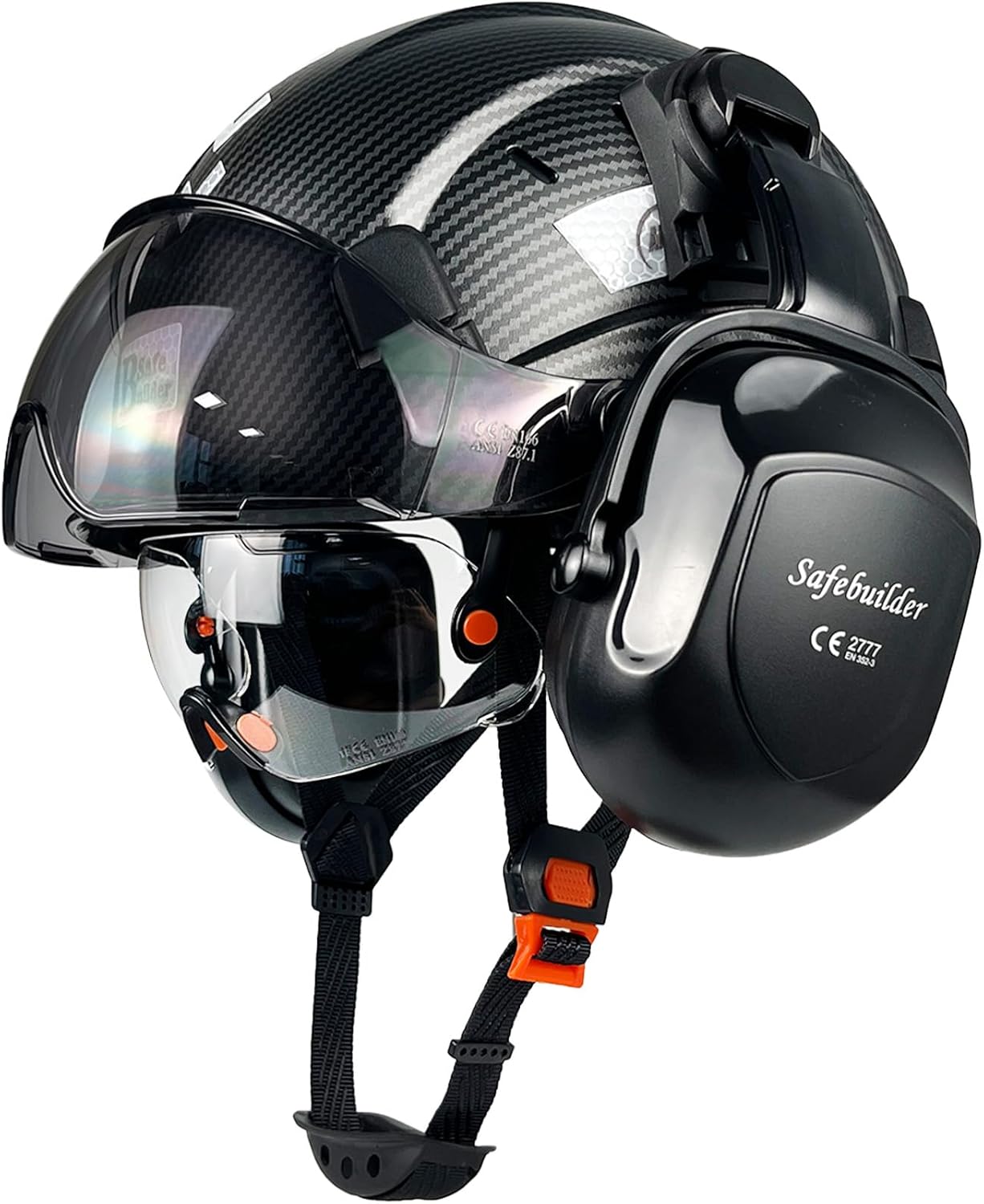 SAFEBUILDER Casco de seguridad con gafas, orejeras de fibra de carbono, para construcción industrial, protección para la cabeza, aprobación ANSI
