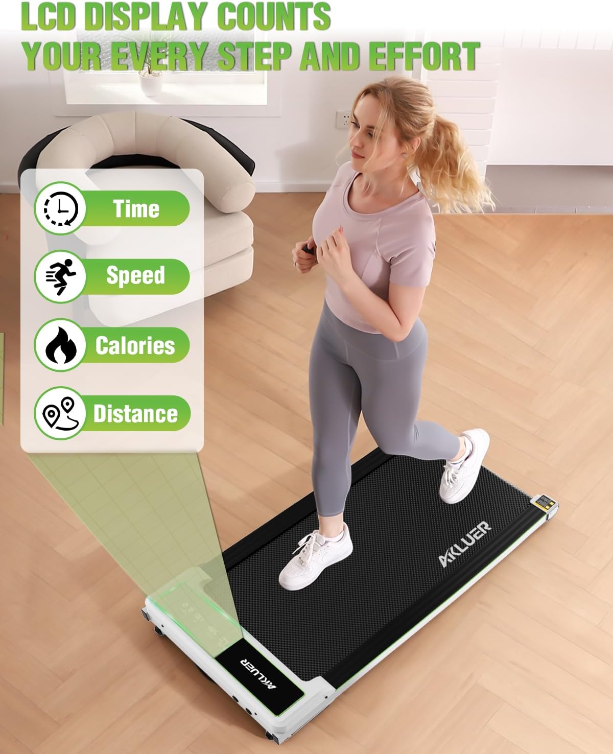 AKLUER – Caminadora para debajo del escritorio de 2.25 HP con capacidad de peso de 265, caminadora portátil con control remoto IR para el hogar,