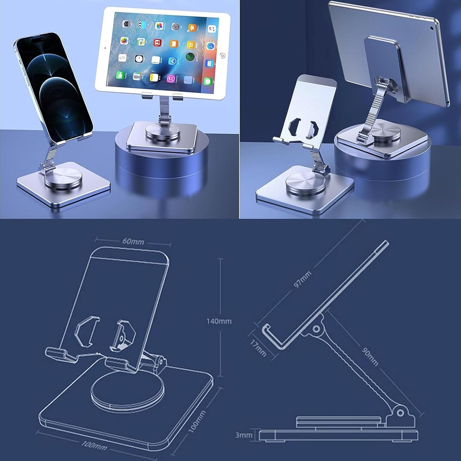 Soporte de escritorio plegable para teléfono y tableta, rotación de 360, soporte portátil ajustable de metal de aluminio, compatible con todos los