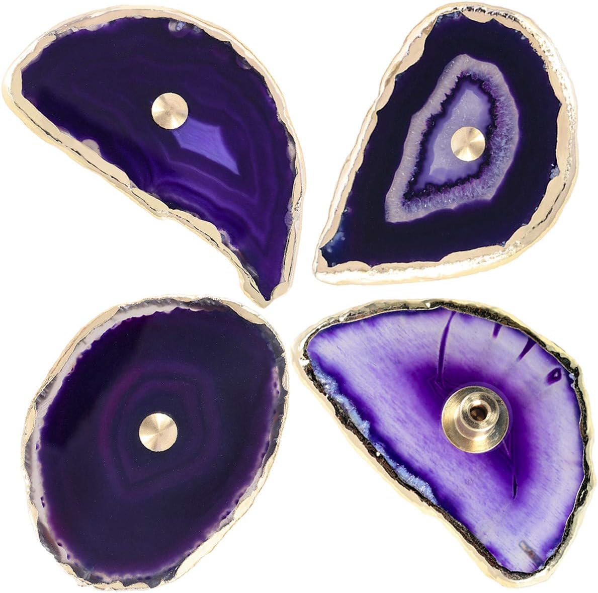 Rockcloud Pomos de ágata morada para cajón, tiradores para armario de aparador, rebanada teñida con pomos de borde chapados en oro para decoración