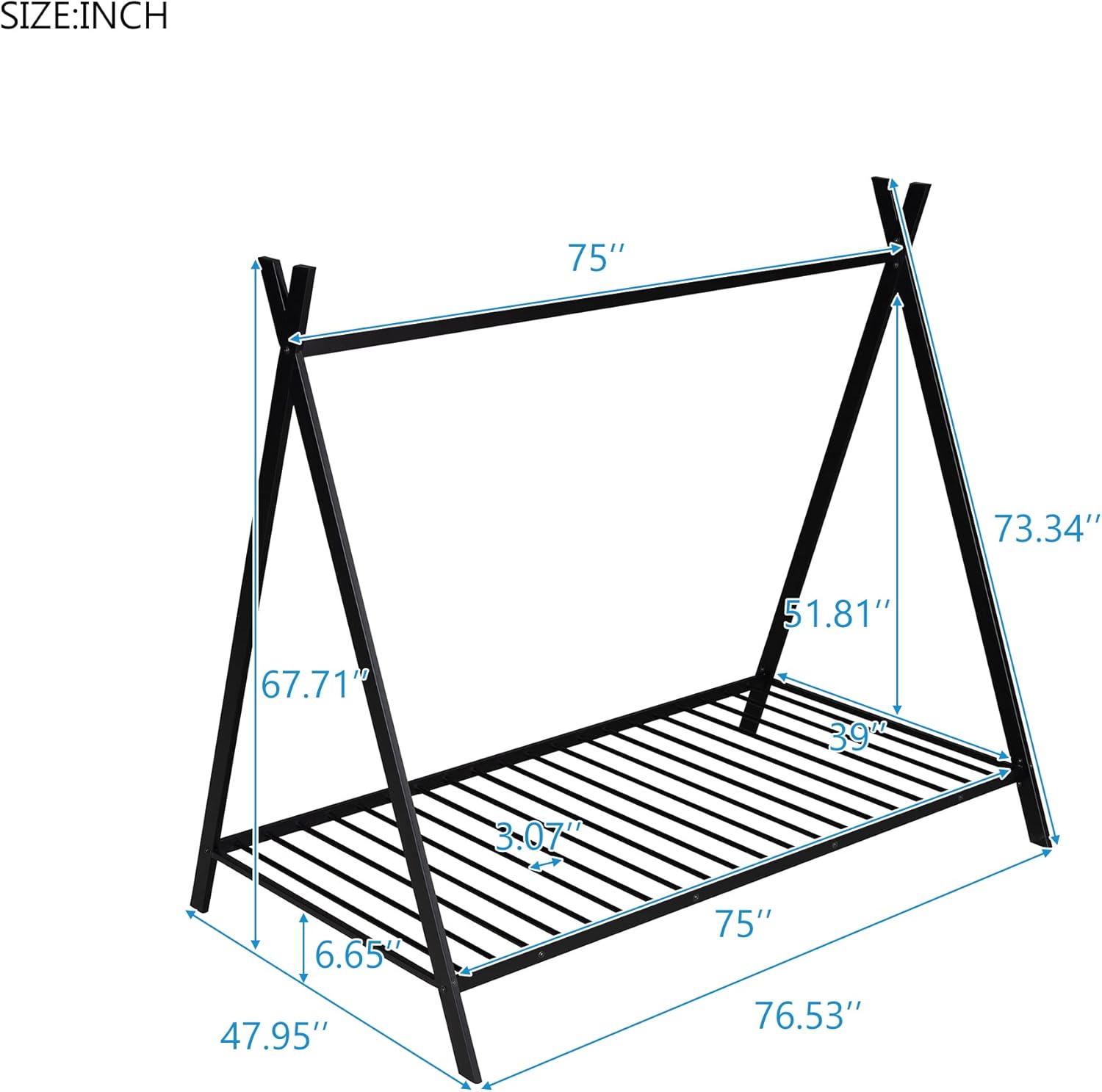 Lifeand Marco de cama de tamaño individual, cama de metal con listones para niños, niñas, niños, no necesita somier, color negro