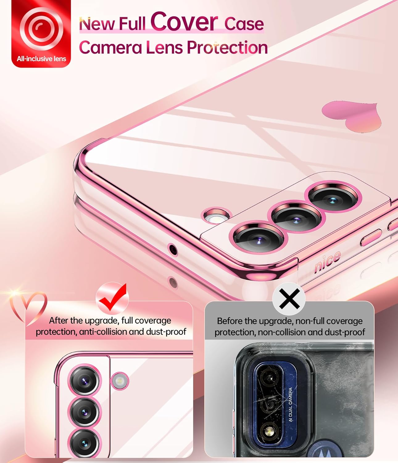 LeYi Funda para Samsung Galaxy S22 protección completa de la lente de la cámara, diseño de corazón chapado en corazón femenino lindo de lujo TPU