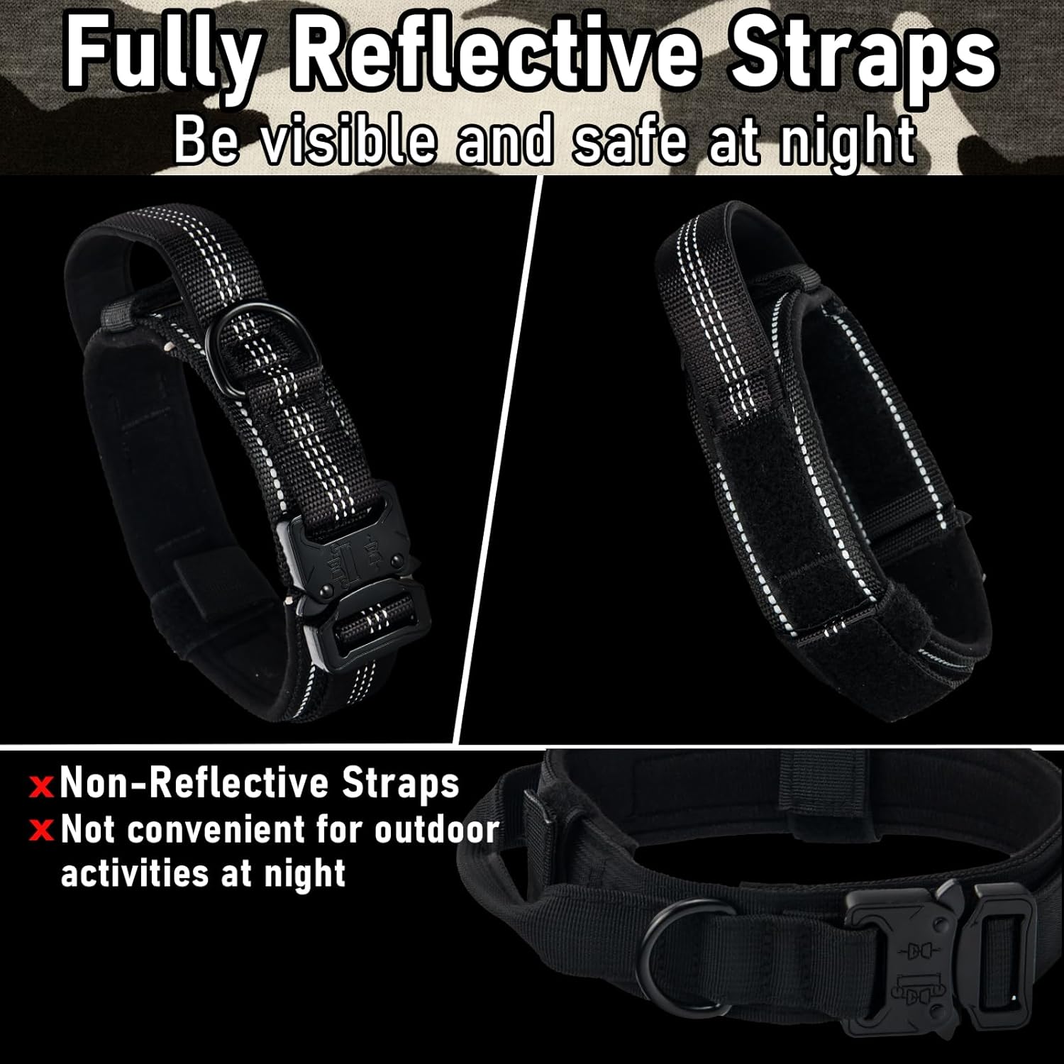 Collar táctico para perro, collar ajustable de entrenamiento militar con mango suave, correas de nailon reflectantes, hebilla de metal resistente