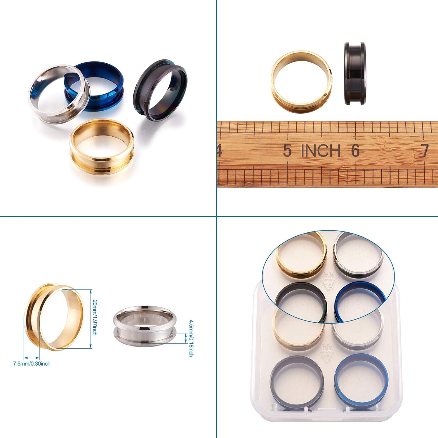 4 anillos de acero inoxidable con núcleo en blanco de 0.295 in de alto pulido, anillo de dedo ranurado para hombre, fabricación de joyas, 4 colores,