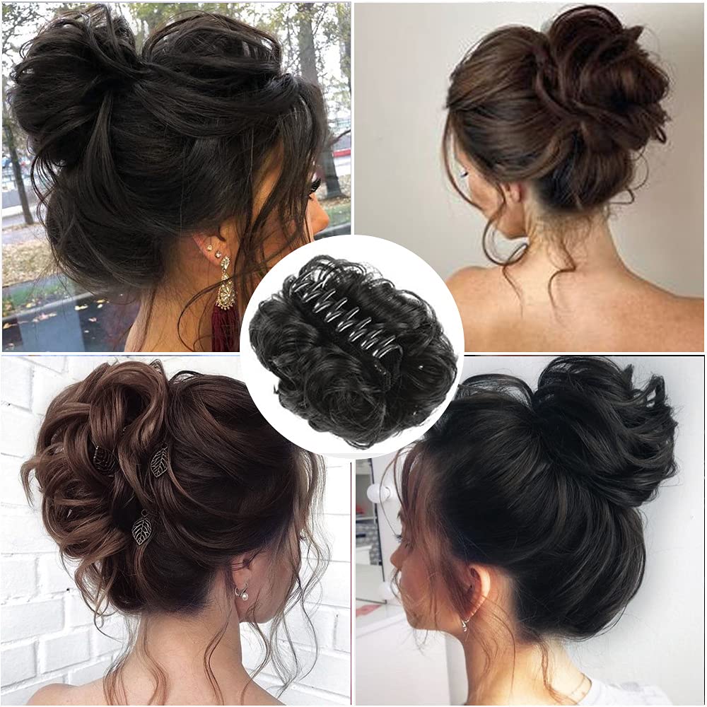 Extensiones de pelo sintético ondulado negro con clip para moño, 10 pulgadas
