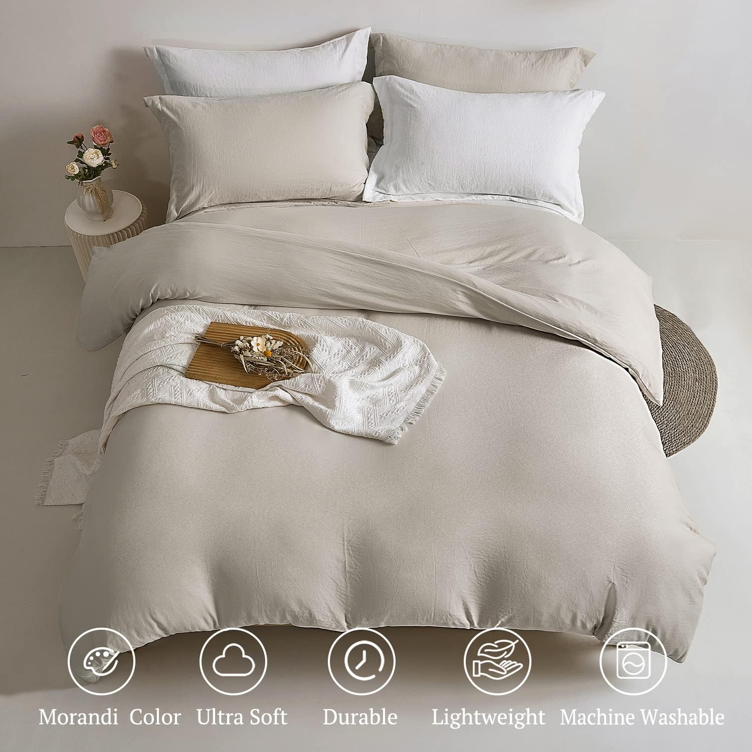 MILDLY Juego de funda de edredón color gris avena, 100% microfibra lavada, súper suave, tamaño California King, transpirable y ligero, juego de cama
