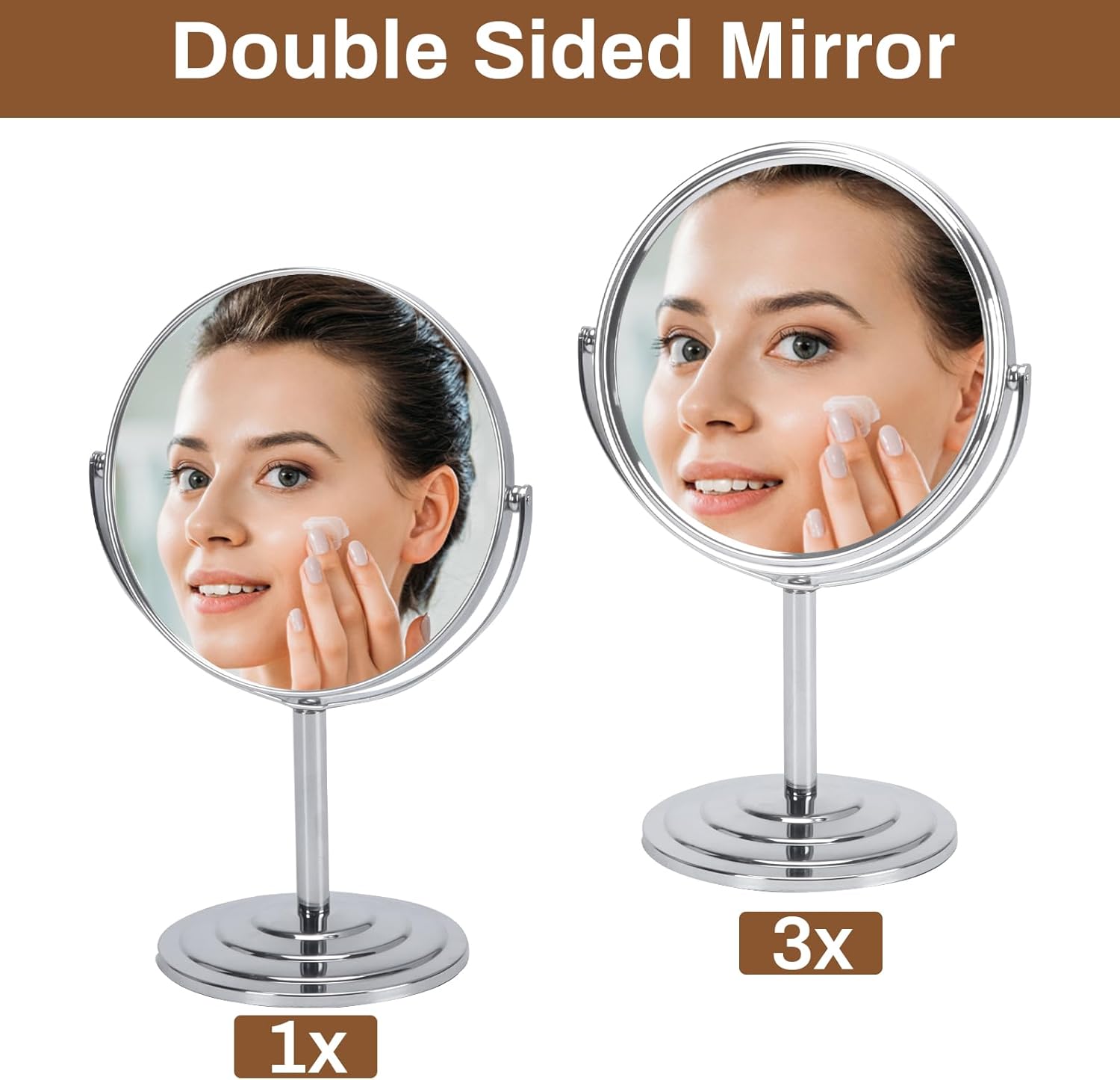 Wtrgas 1 espejo de maquillaje con aumento 3X para mesa, espejo de tocador plateado de 7 pulgadas, espejo cosmético de baño portátil de doble cara