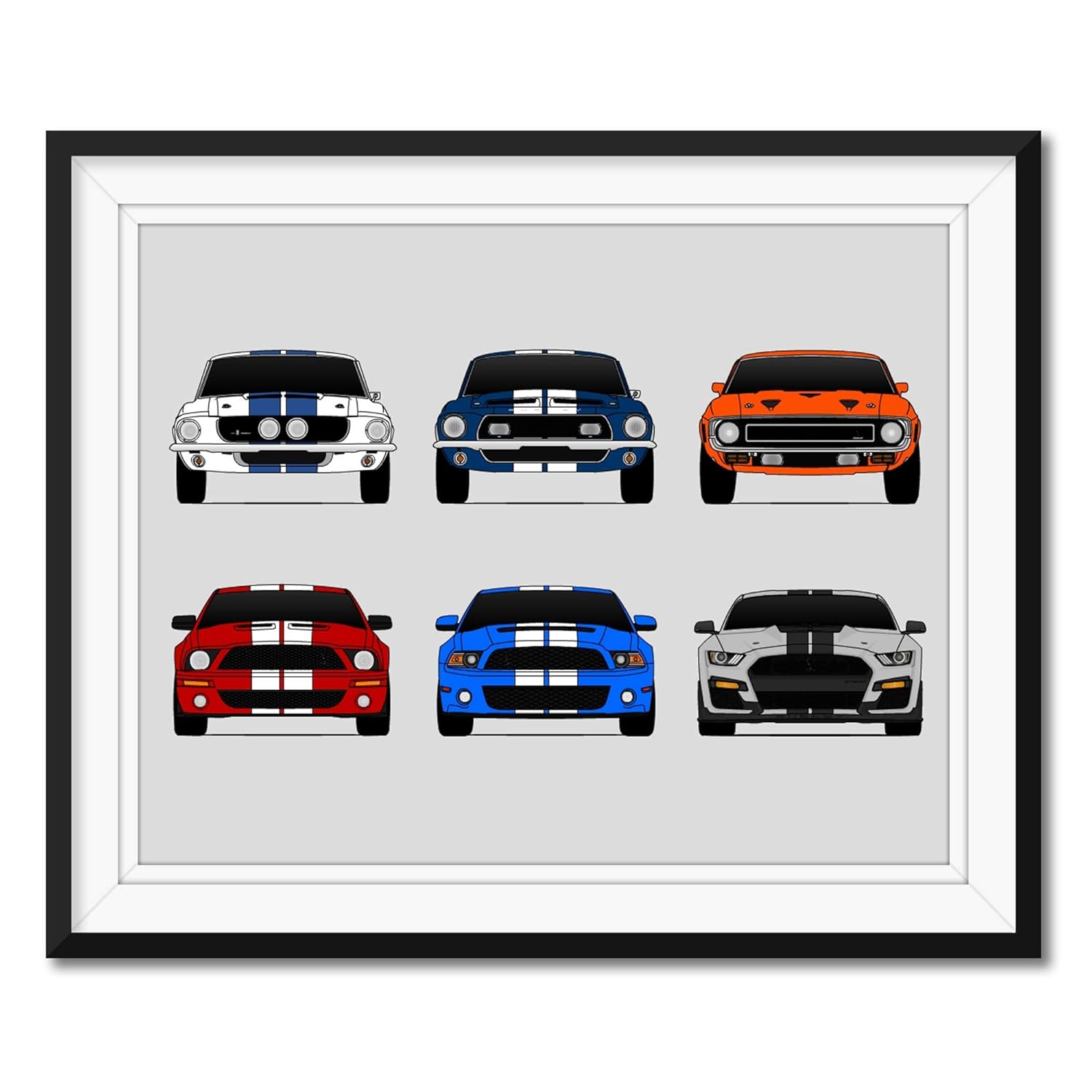 Shelby Mustang GT500 Generations Inspired Car Poster – Handmade Print of Ford Shelby GT500 (Multi-Color Wall Art) – 17×22″ Satin Print (Unframed) –