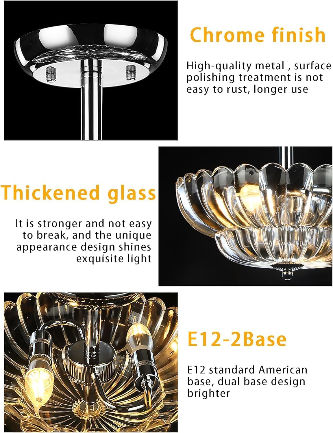 Mgcanyu Lámpara de techo de cristal semiempotrada, 2 luces, moderna lámpara de techo de cristal cromado plateado con pantalla de vidrio transparente