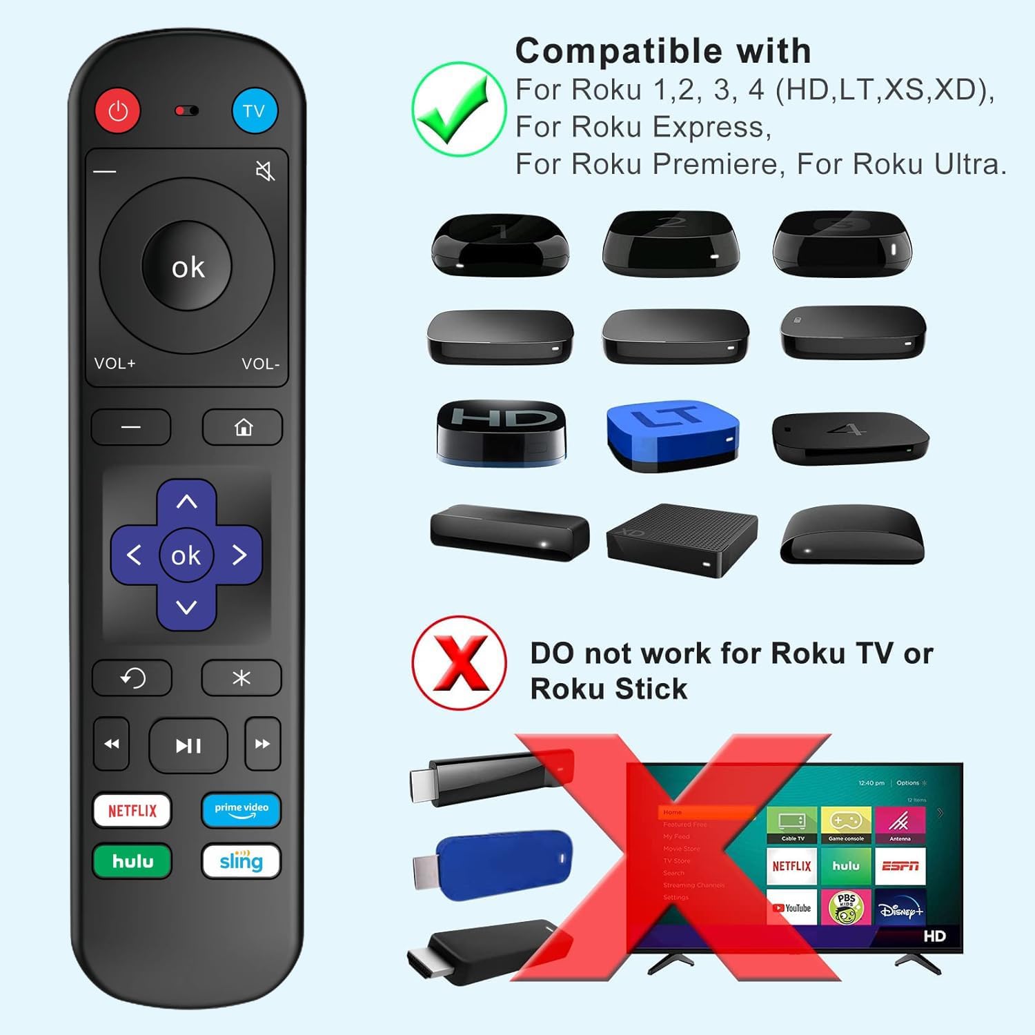 Mando a distancia de repuesto para Roku Box, compatible con Roku 1234 (HD, LT, XS, XD), Express, Premiere y Ultra con función de aprendizaje IR para