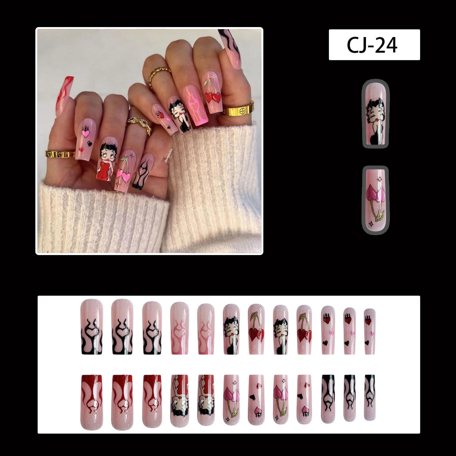 Uñas postizas largas a presión de Halloween, con estrellas, corazones, telaraña, dulce joven, uñas acrílicas rosas y blancas con punta francesa,