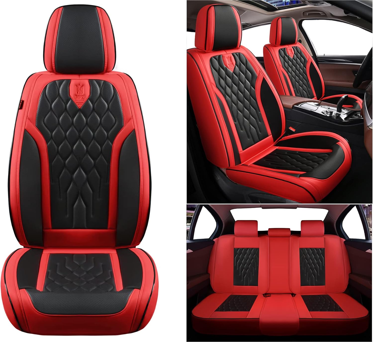 Juego completo de fundas de cuero sintético para asiento de automóvil, ajuste universal para la mayoría de los automóviles (negro y rojo, juego