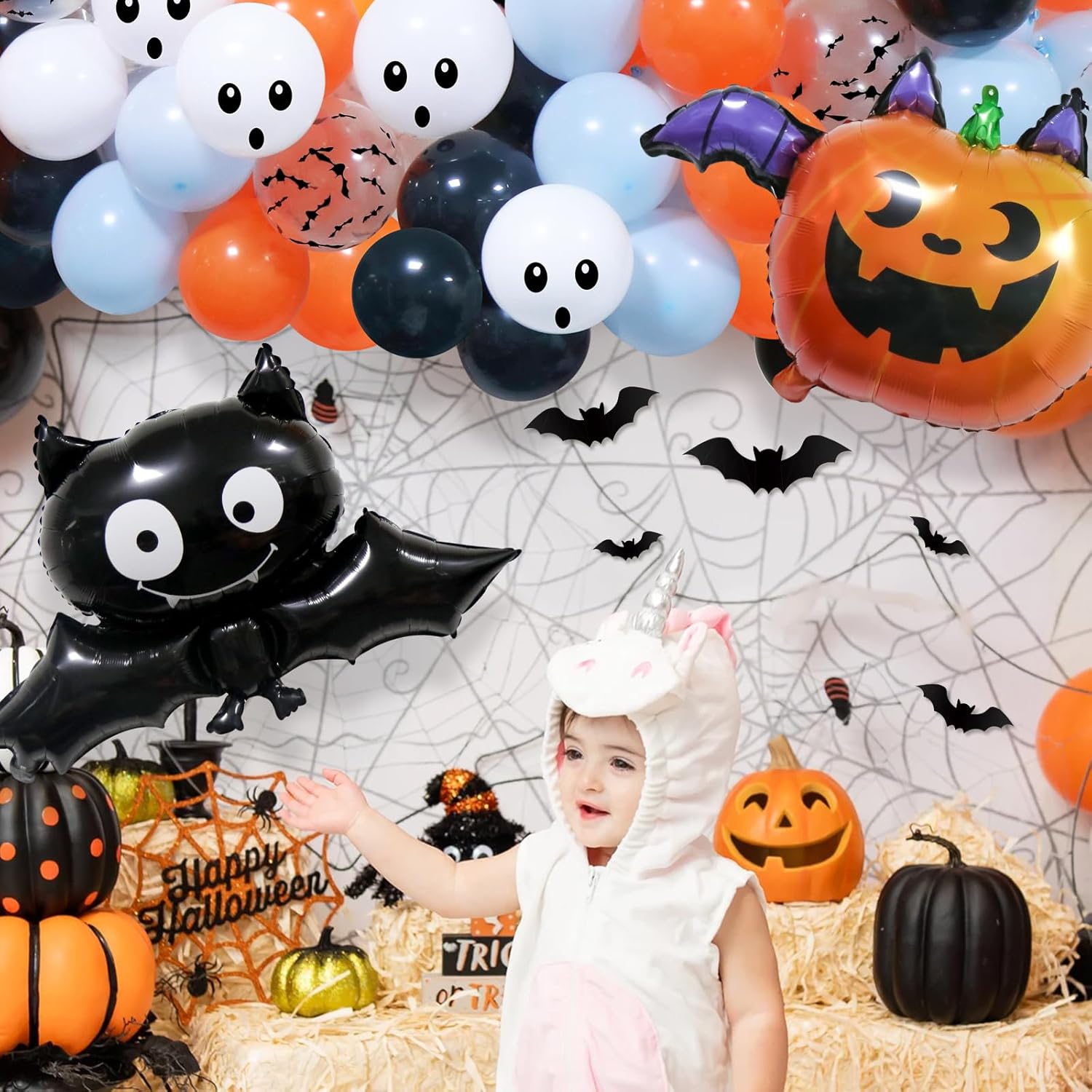 Kit de guirnalda de arco de globos de baby shower de Halloween, decoración de globos azules de Halloween con bonitos globos de aluminio de calabaza