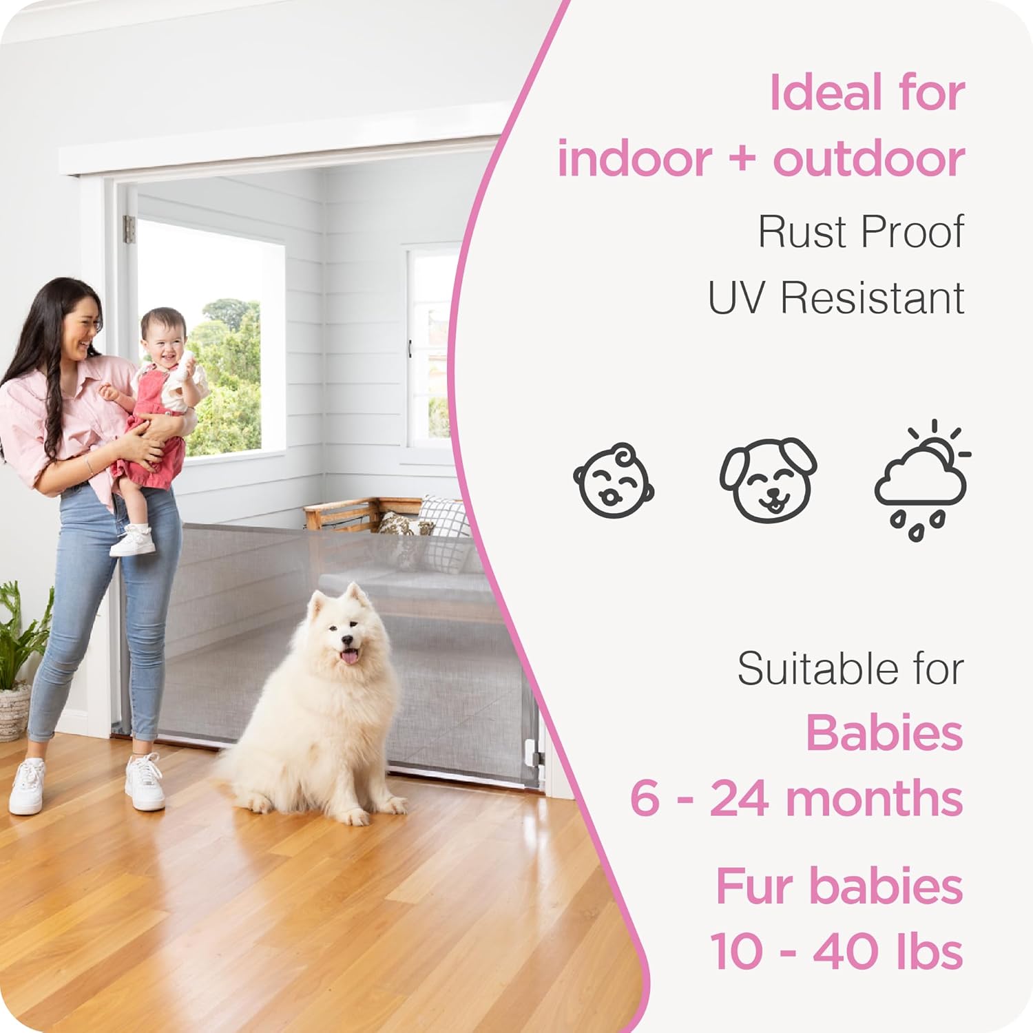 Puerta retráctil Perma Child Safety para bebé, 33 pulgadas de alto x 71 pulgadas de ancho, malla, para escaleras, puertas, perros, mascotas,