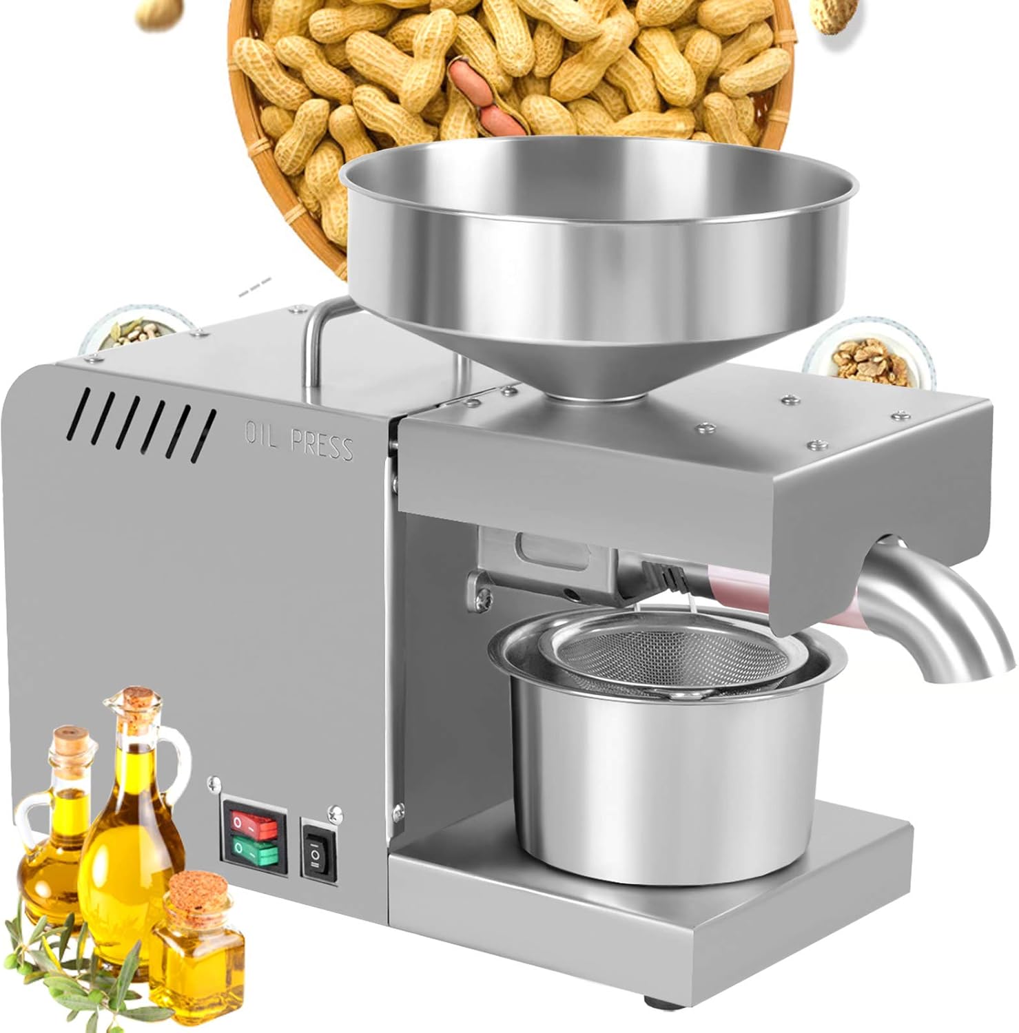 Máquina automática de prensa de aceite, extractor de aceite comercial de acero inoxidable 600 W, semillas de frutos secos, prensatelas de aceite