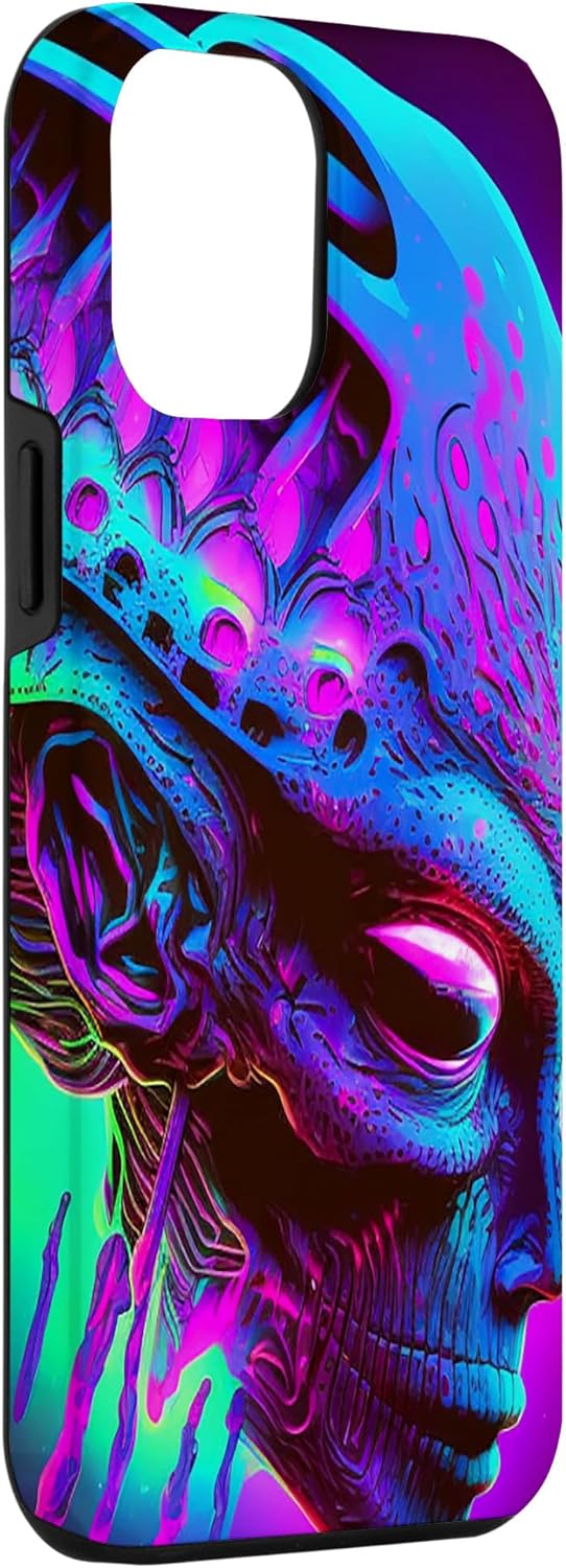 Funda para iPhone 14 Pro Max Trippy Vaporwave Alien Head Skull Goteo Pintura UFO Art Case