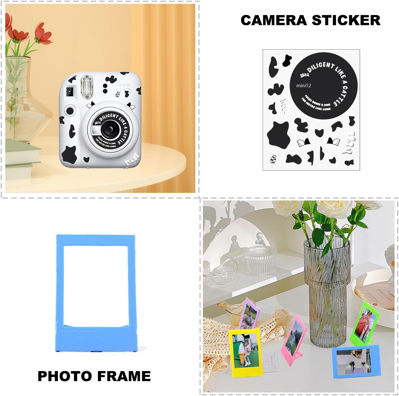 Funda para cámara instantánea Fuji Instax Mini 12 con correa de hombro ajustablemarco de fotos, calcomanía de dibujos animados (blanco arcilla)