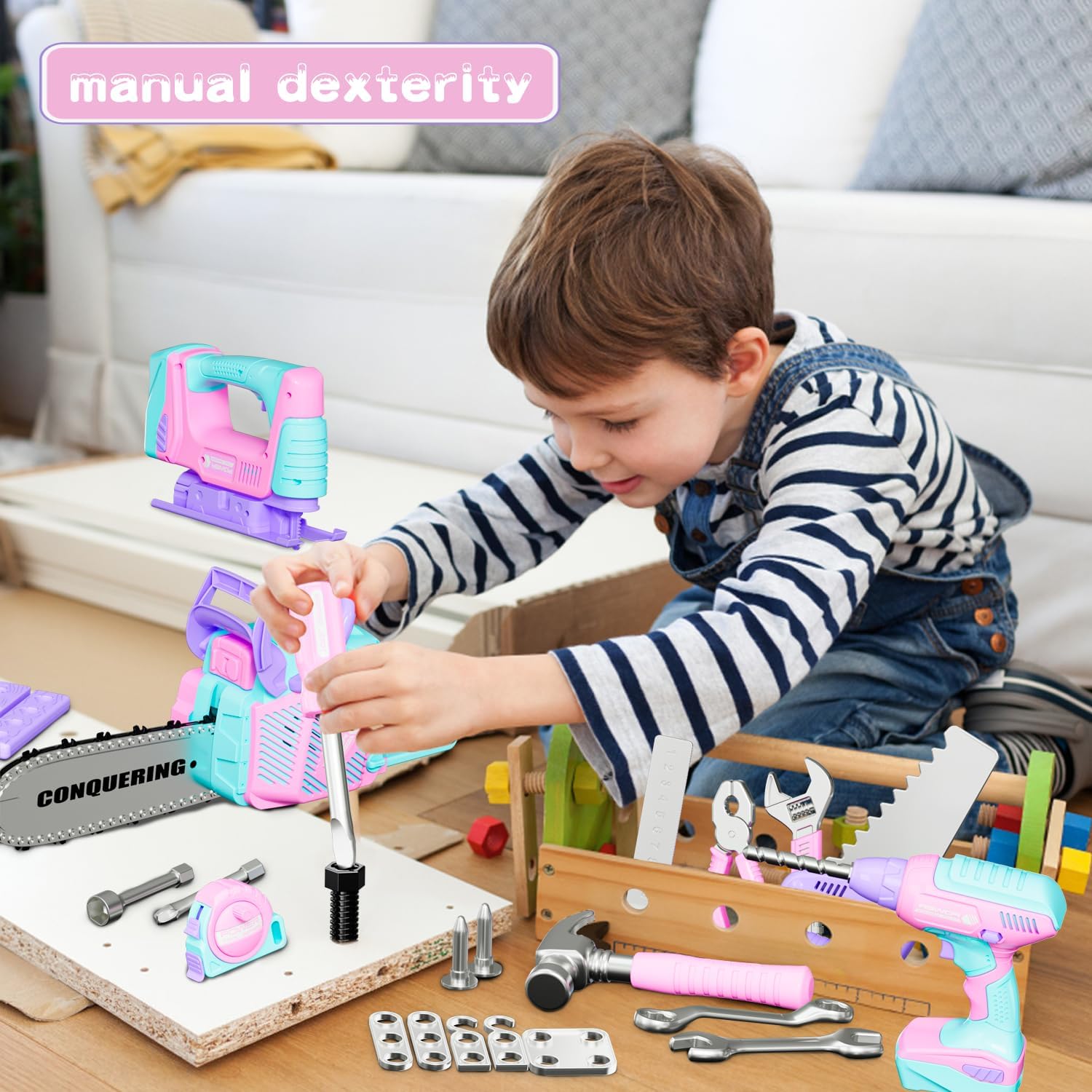 Kit de herramientas para niños, juego de herramientas para niños de 33 piezas, incluye motosierra de juguete, taladro de juguete eléctrico, juguetes