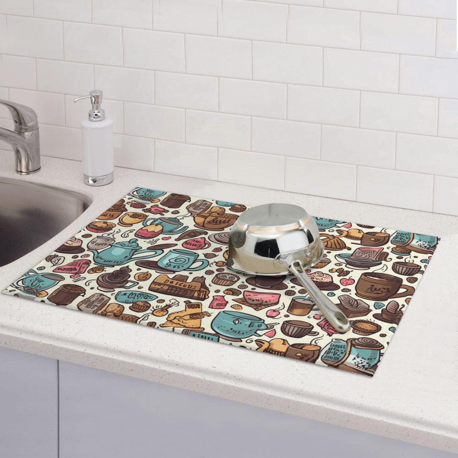 Tapete de secado de platos para tazas de café para decoración de encimera de cocina, 18 x 24 pulgadas, absorbente floral, reversible, de microfibra,