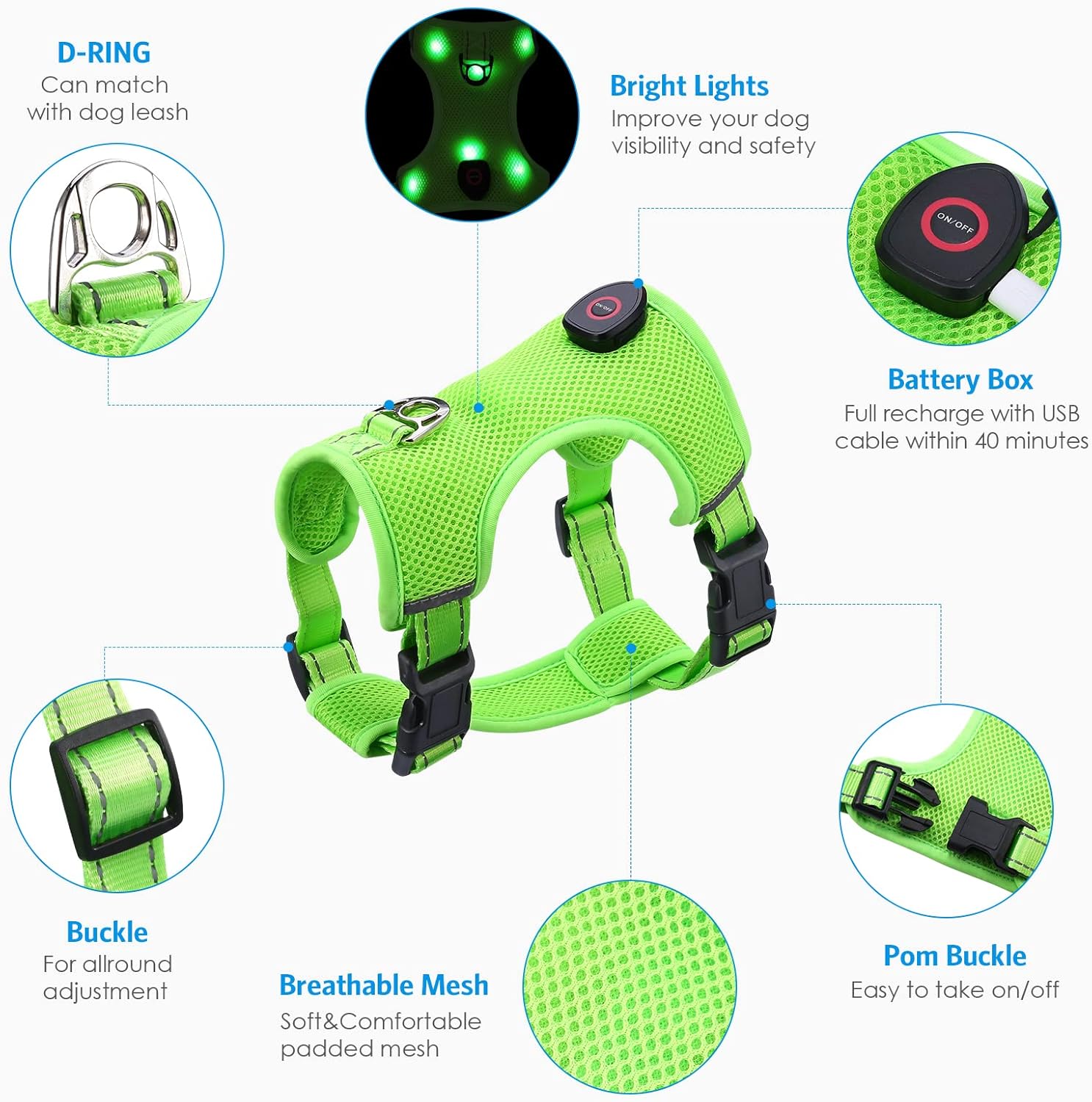 AMIR – Arnés LED para perro, pequeño, sin tirones, sin estrangulamiento, recargable por USB, 3 modos de iluminación, ajustable, transpirable, malla