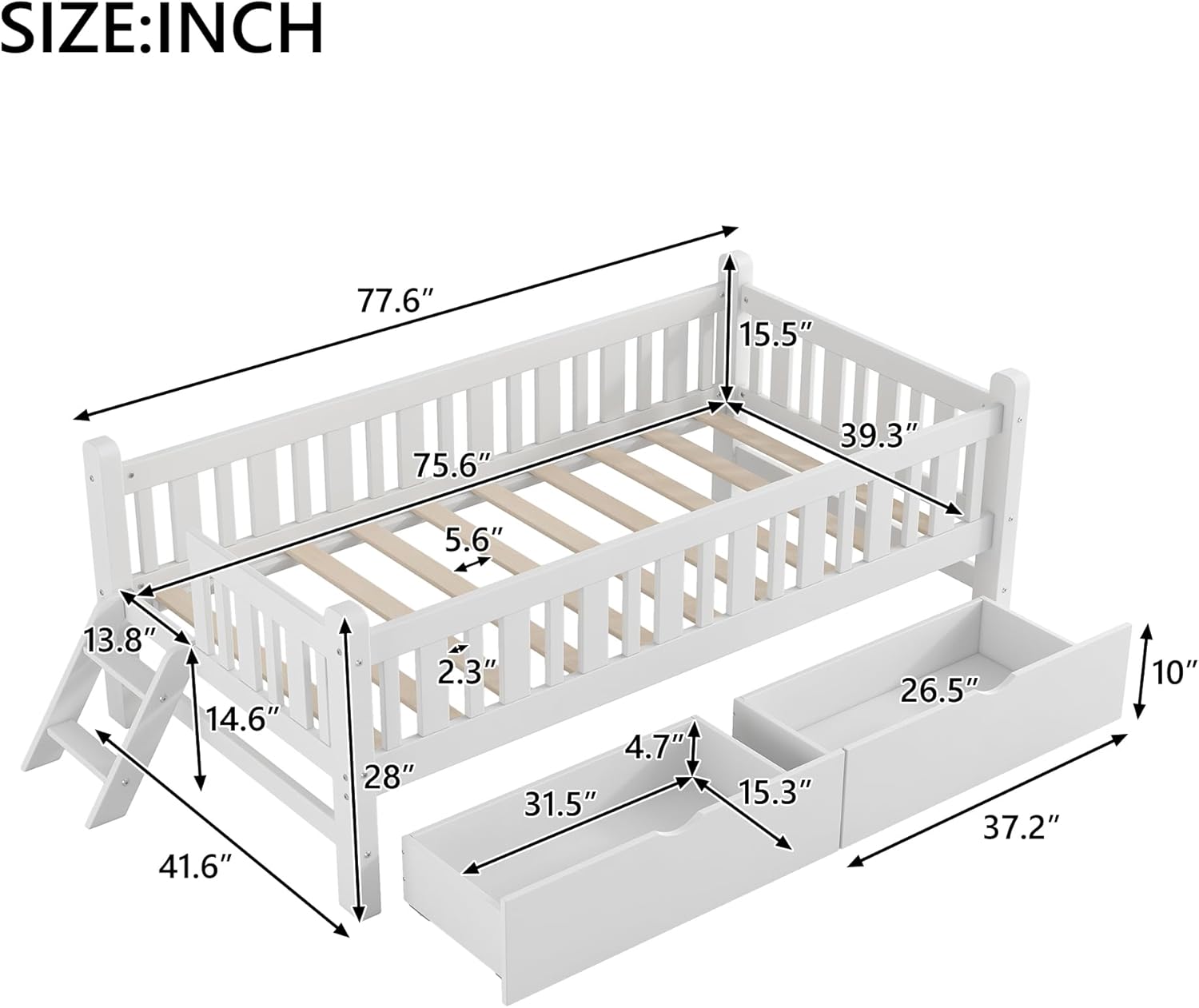 Base de cama de plataforma individual con 2 cajones de almacenamiento, marcos de cama individual de madera para niñas y niños pequeños, soporte de 8