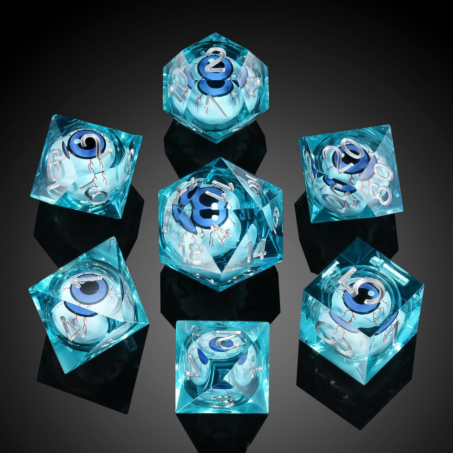 DNDND Dados DND de resina líquida de borde afilado con estuche de regalo para juego de mazmorras y dragones (azul con globo ocular)