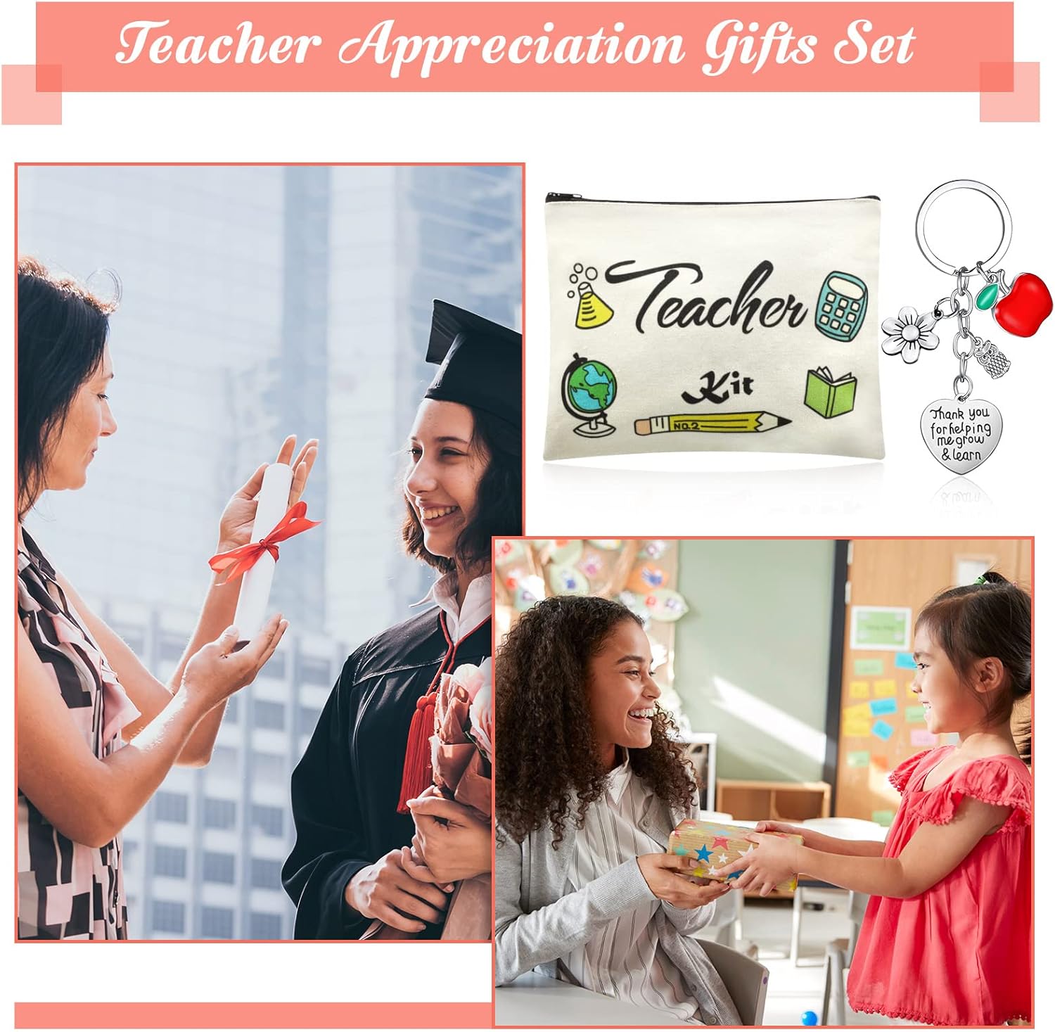 Sureio 6 bolsas de maquillaje cosmético para profesores y 6 llaveros de agradecimiento al profesor, regalos del día de San Valentín para profesores,