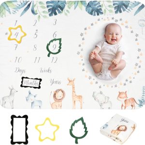 Manta mensual de hitos para bebé, manta de safari para niños, animales de la selva personalizada, manta de crecimiento súper suave Manta mensual de hitos para bebé, manta de safari para niños, animales de la selva personalizada, manta de crecimiento súper suave