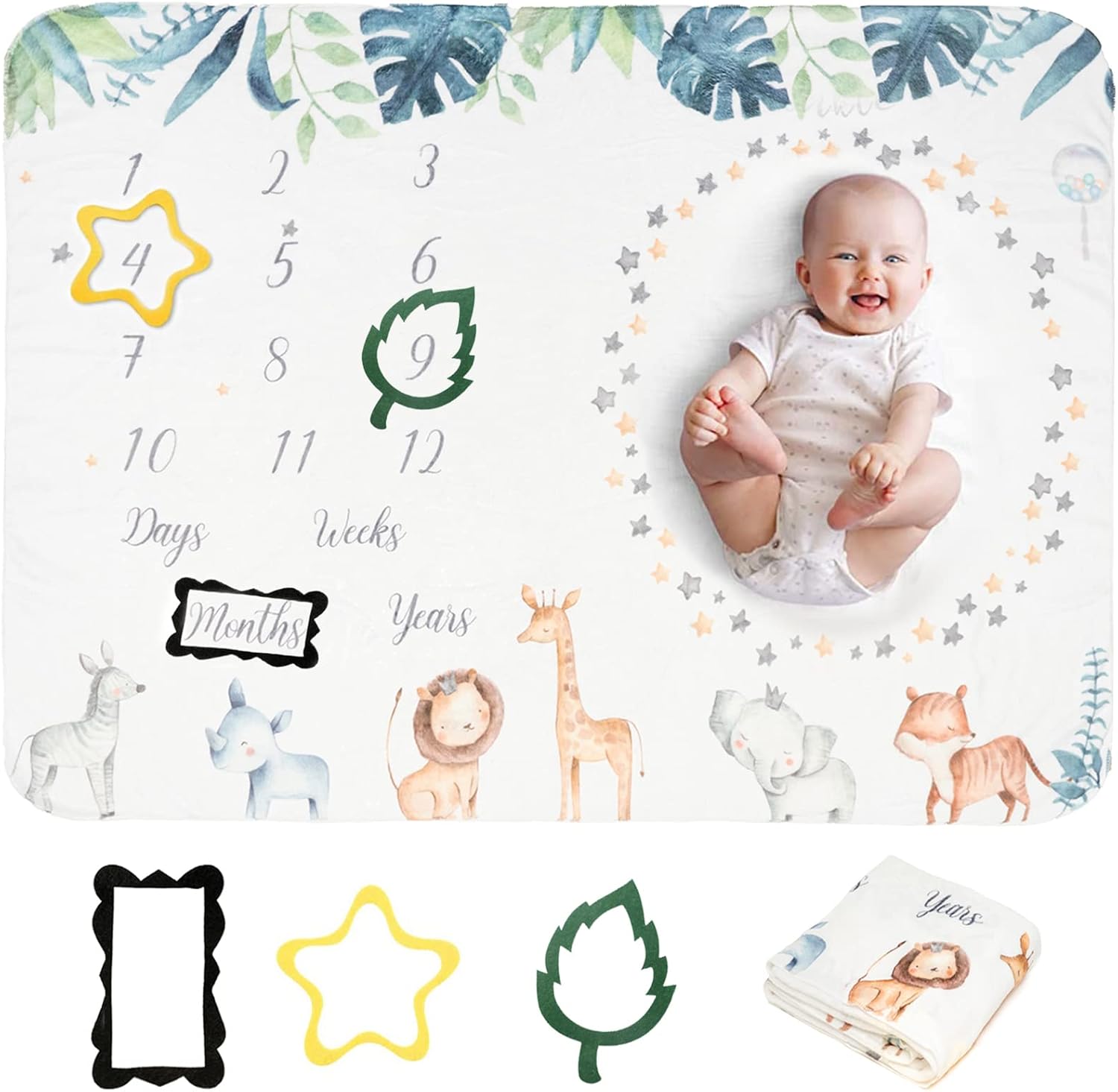 Manta mensual de hitos para bebé, manta de safari para niños, animales de la selva personalizada, manta de crecimiento súper suave
