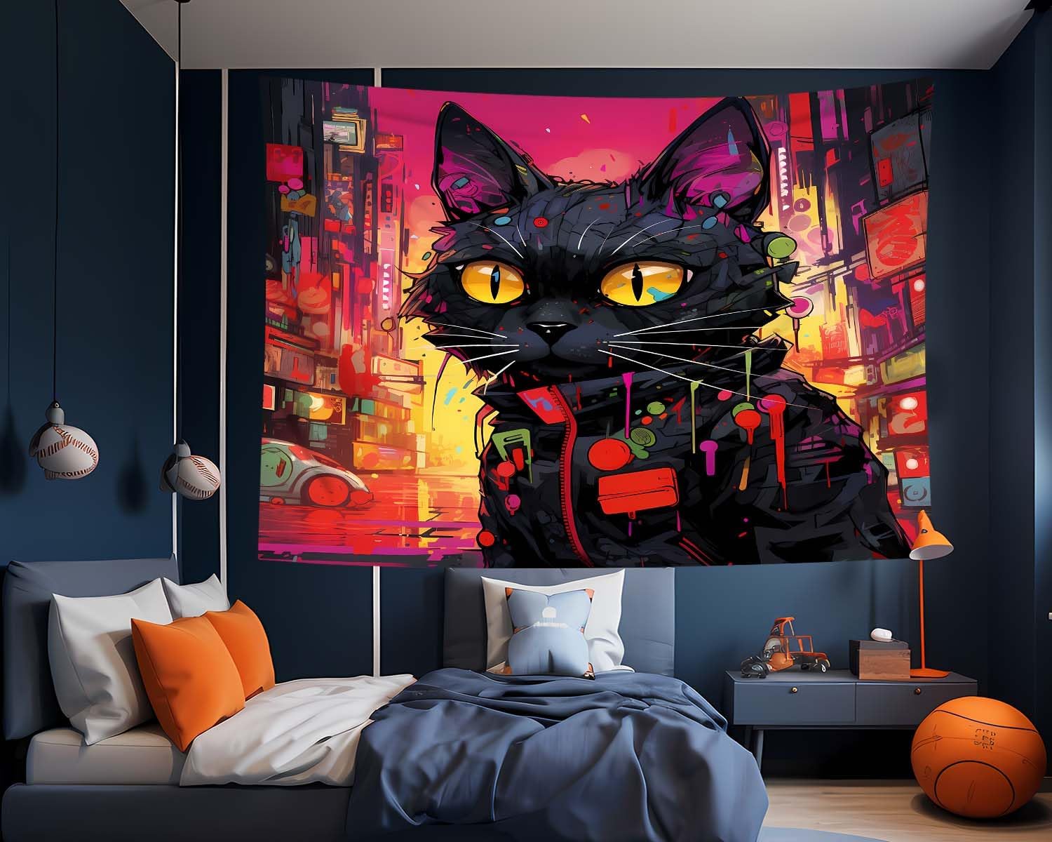 QGHOT Tapiz de gato genial, tapiz de gato para colgar en la pared, diseño de graffiti ciberpunk, gato negro, tapiz de pared para adolescentes,
