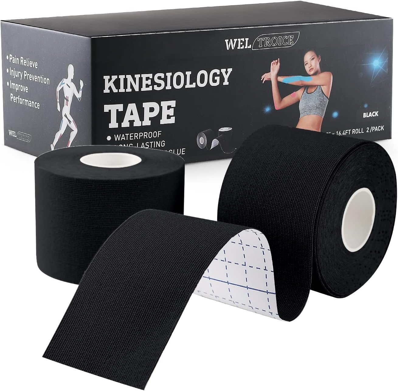 Cinta de kinesiología (paquete de 2) para deportes y recuperación, resistente al agua, sin látex, cinta atlética de algodón elástico de alta calidad