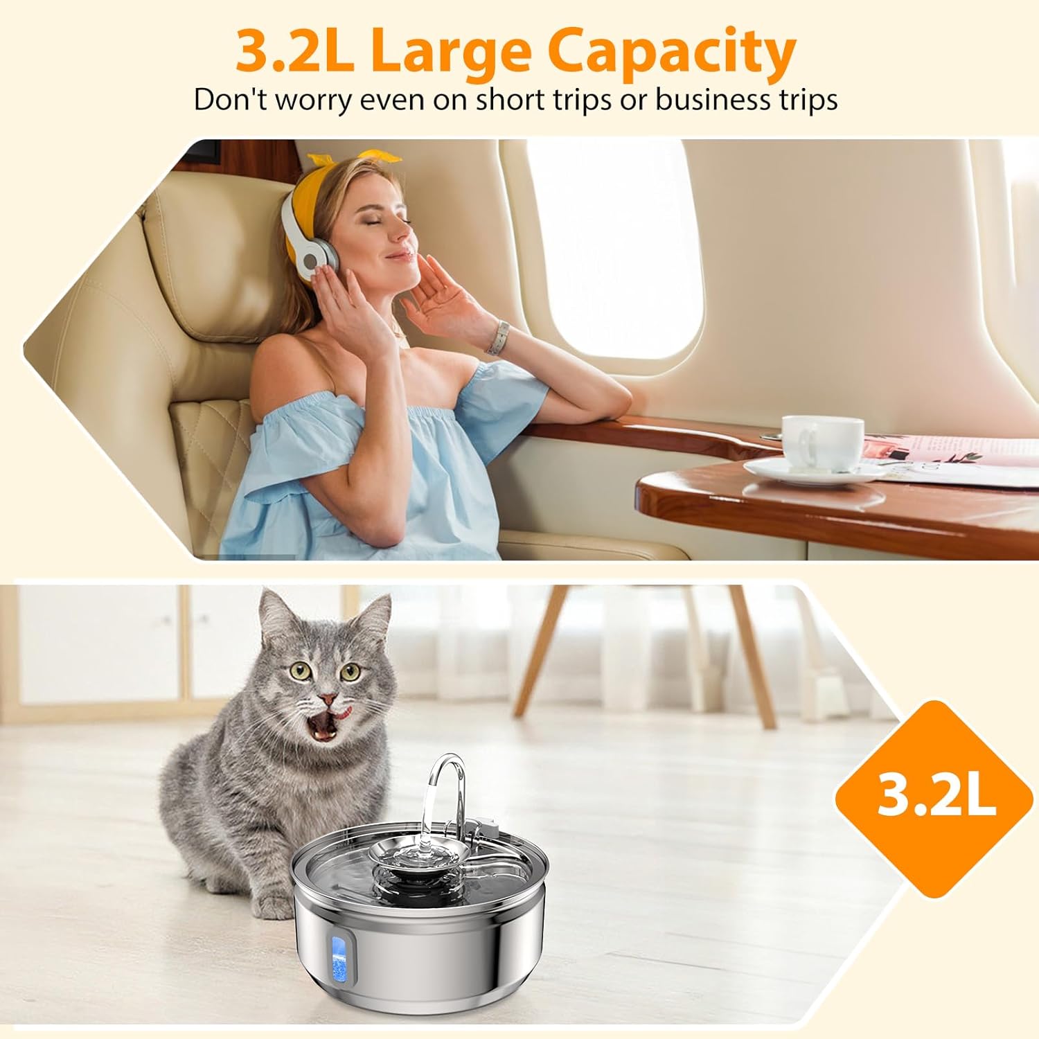 subteenmate Fuente de agua para gatos de acero inoxidable, fuente para mascotas de 3.2L108 onzas y cuenco de agua, fuente automática para gatos con