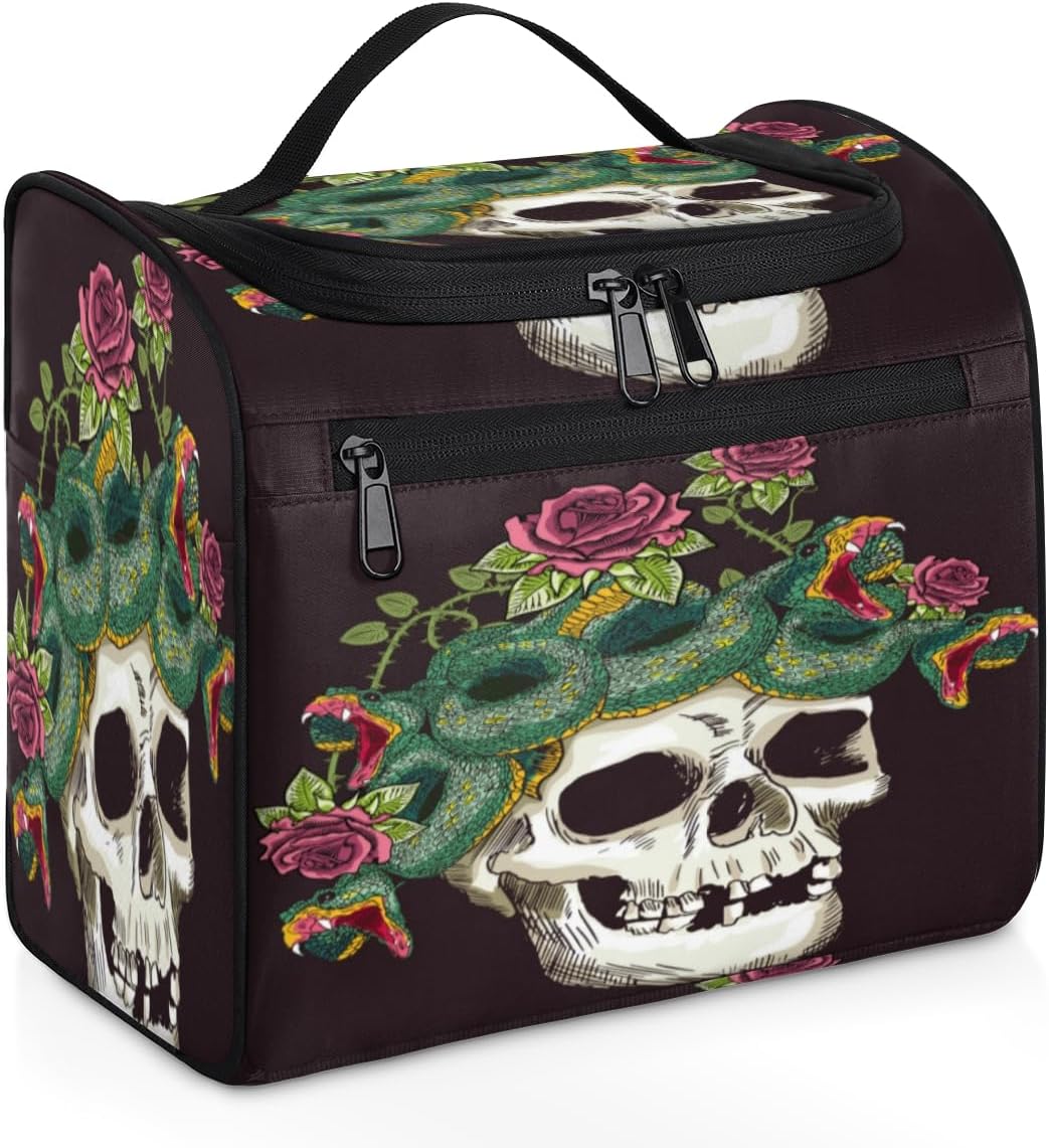 Neceser de Halloween con diseño de calaveras de azúcar para mujer, organizador de maquillaje de viaje con gancho para colgar, bolsas de cosméticos