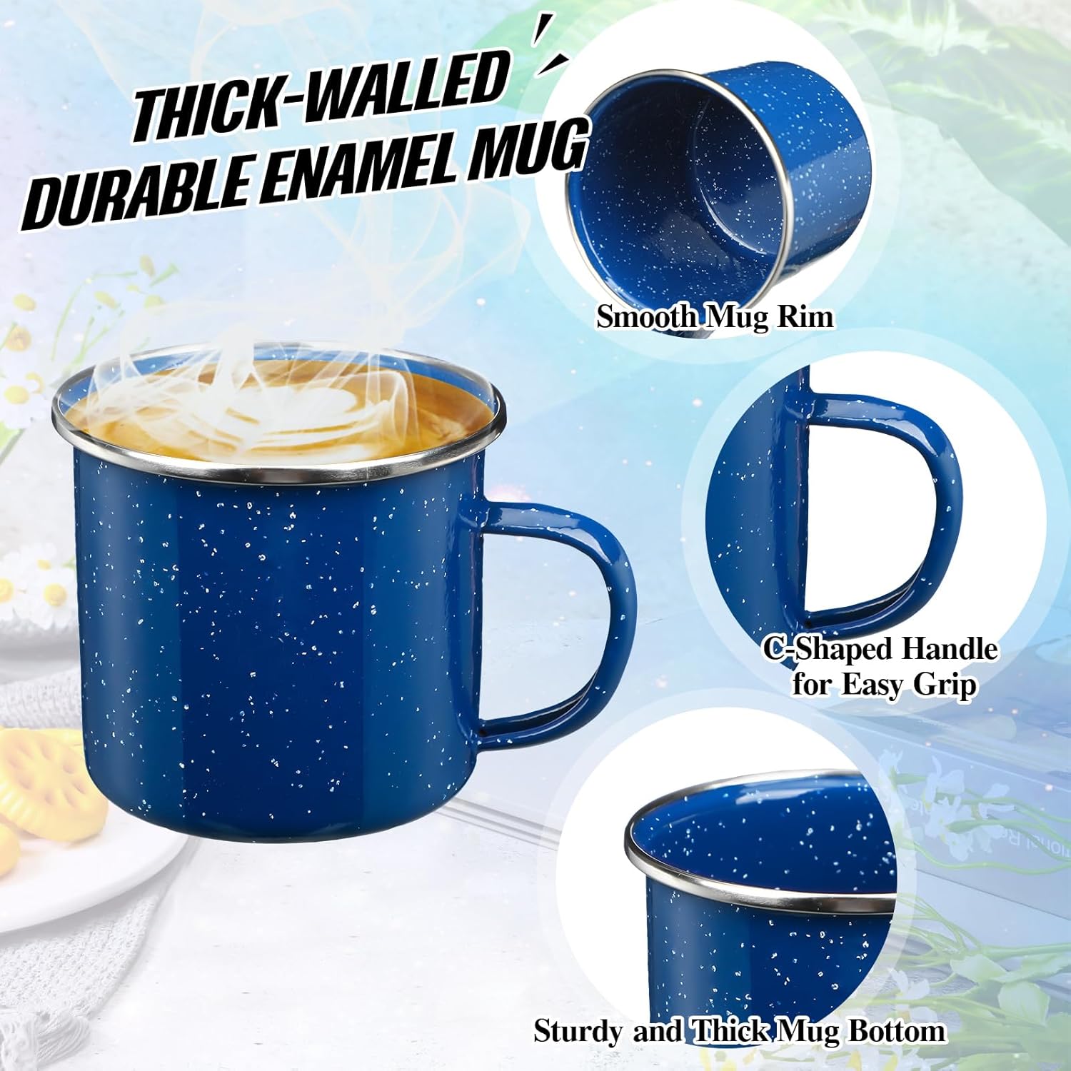 Dandat Cafetera esmaltada de 12 tazas con 6 piezas de 12 onzas, tazas de café esmaltadas para campamento de té, para picnic, hogar, campamento,
