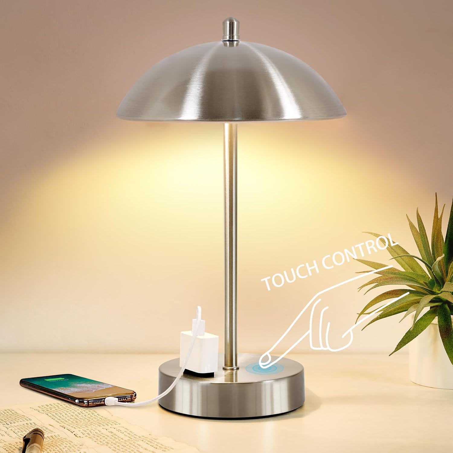 Moderna lámpara de escritorio con adaptador de CA, lámpara de lectura táctil regulable de 3 vías, lámpara de mesa pequeña plateada minimalista con