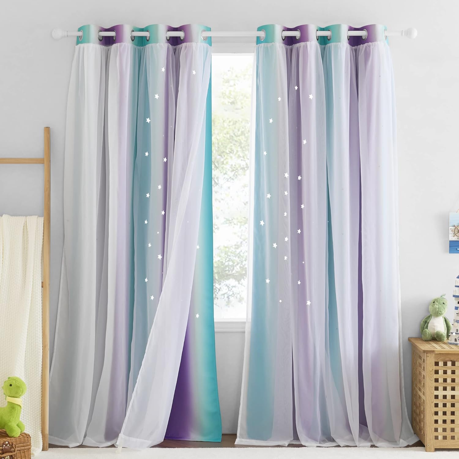 NICETOWN Cortinas opacas con diseño de estrellas para habitaciones de niñas, cortinas de princesa para ventana de dormitorio, con aislamiento