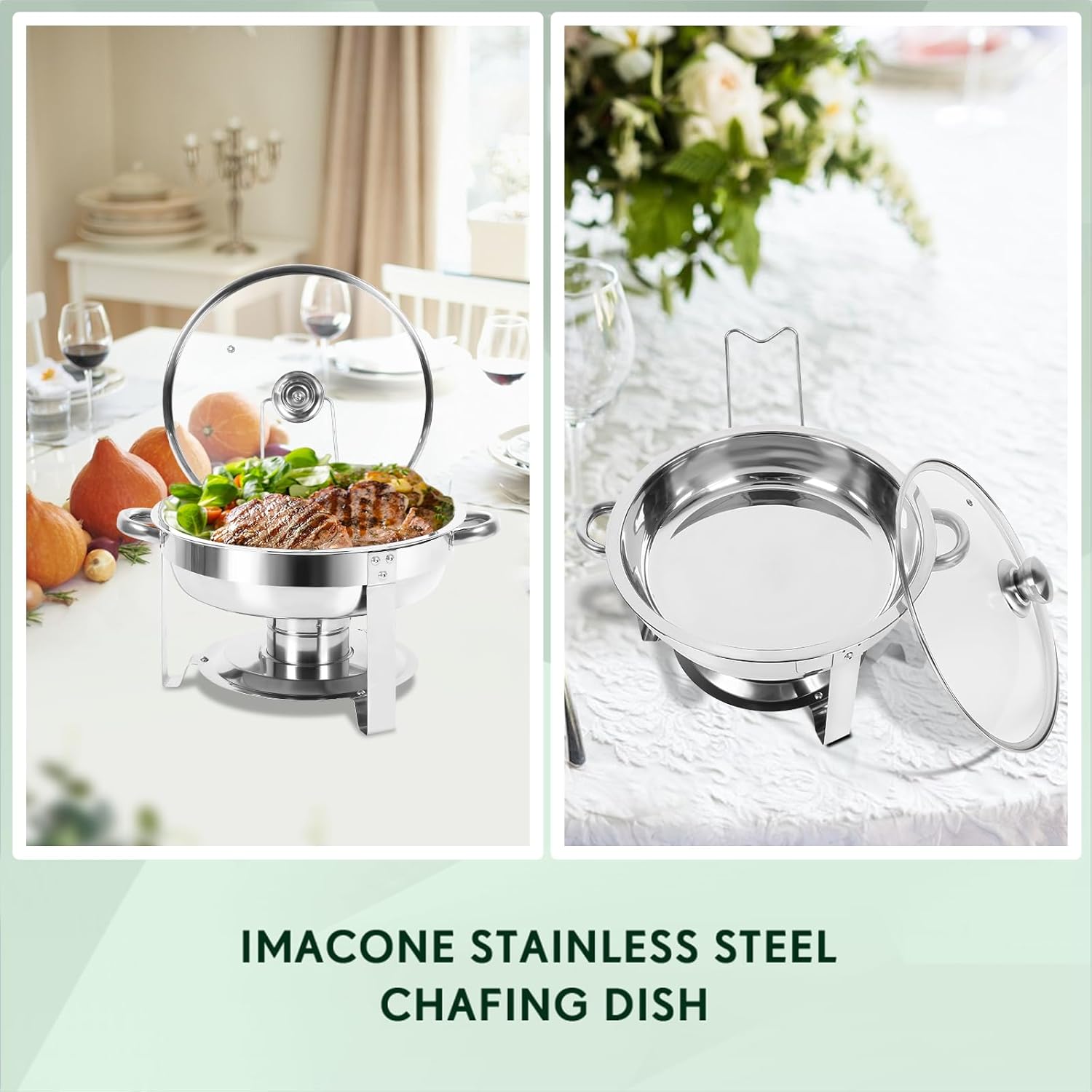 IMACONE Juego de 4 platos de bufé, de acero inoxidable redondo de 5 cuartos de galón para catering, juegos de chafers mejorados y calentadores de