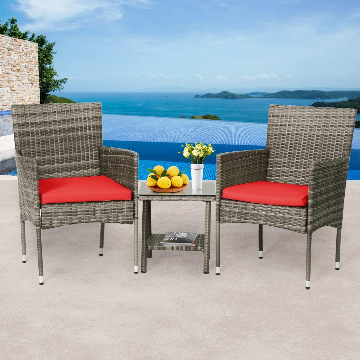 FDW Juego de muebles de exterior de 3 piezas para patio, sillas de mimbre gris, juego de conversación de bistró, 2 sillas de ratán con cojines rojos
