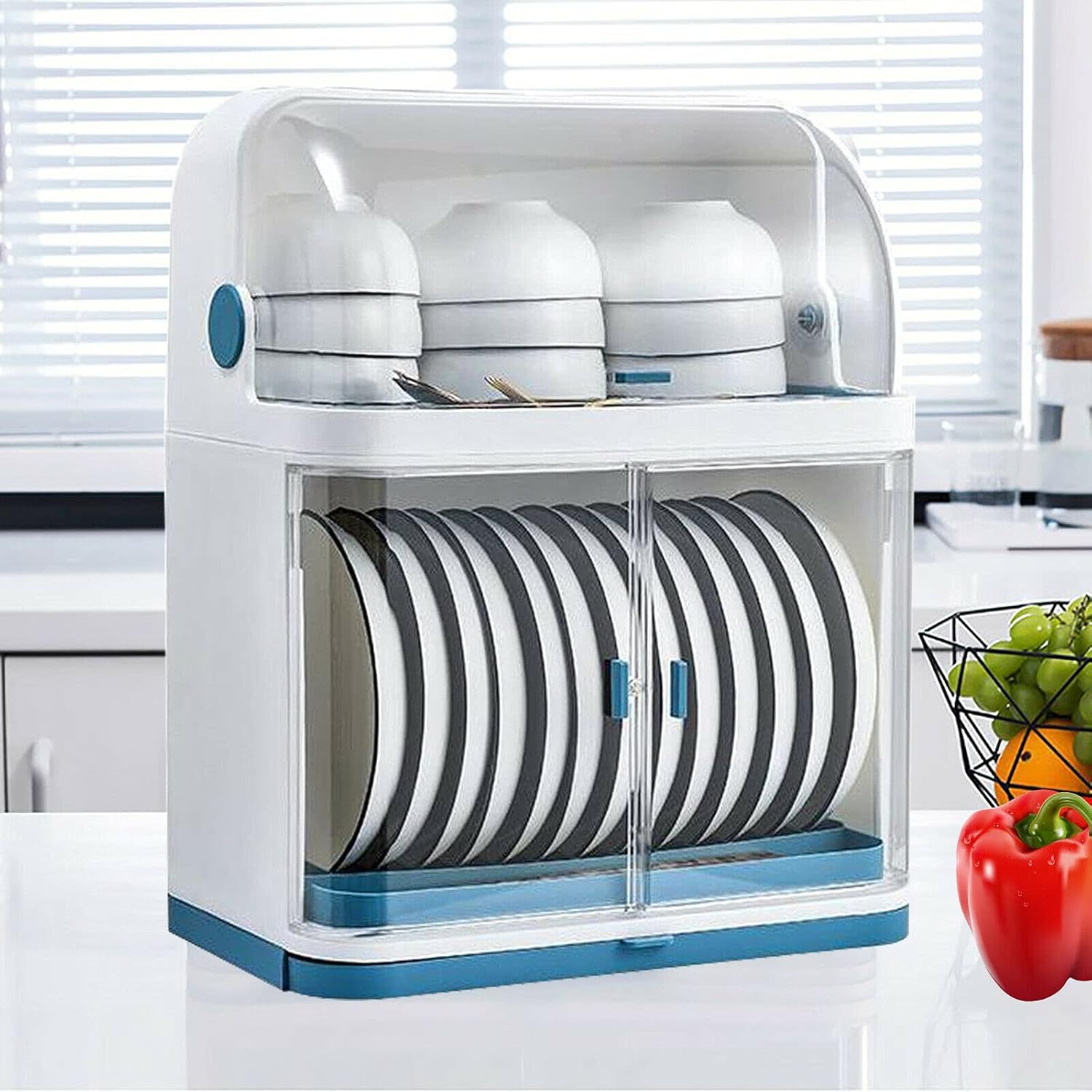 Escurridor de platos de cocina, caja de almacenamiento de plástico a prueba de polvo de 2 niveles, cesta para cubiertos, organizador de utensilios