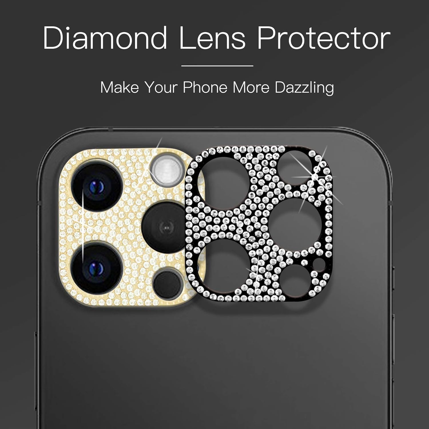 Paquete de 2 protectores de lente de cámara con diamantes de cristal brillante para iPhone 12 Pro Max, aleación de metal resistente a los arañazos,