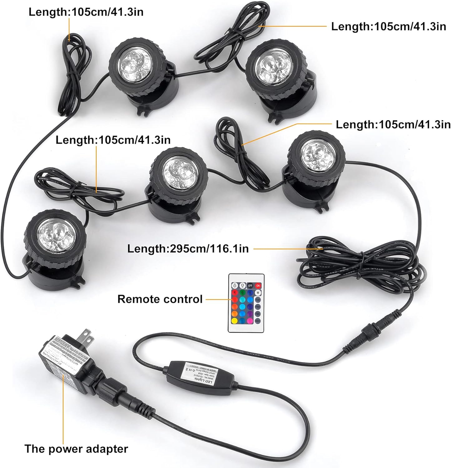 Luces de estanque RGB, LED superbrillantes, sumergibles, coloridos focos de paisaje, 98 pies, control remoto, IP68, impermeable, para peces,