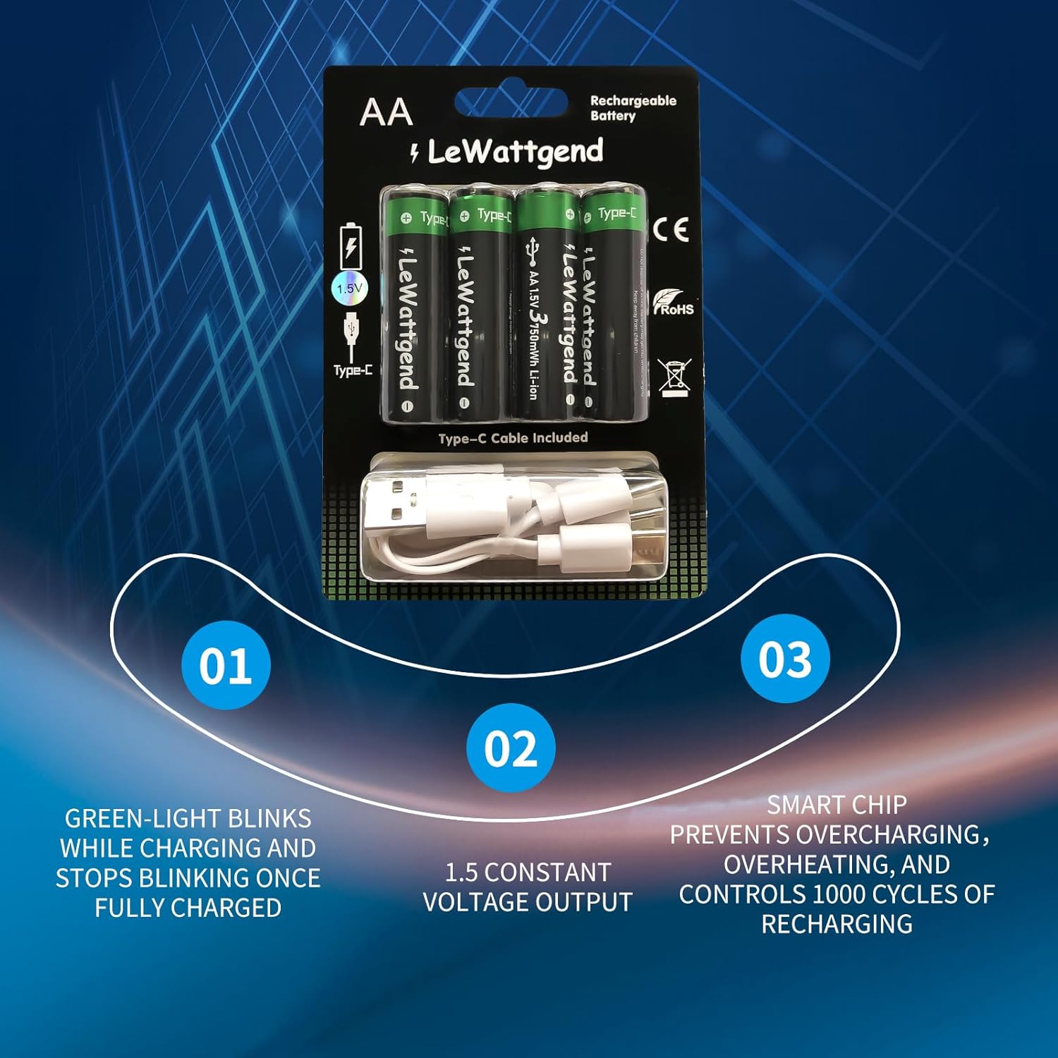 Baterías de litio AA recargables de 1.5 V, batería AA de larga duración de 3750 mWh con salida de cable USB-C 4 en 1, baterías AA para juguetes de