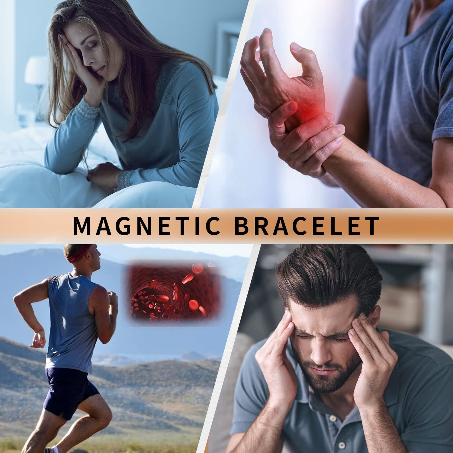 MagEnergy Pulsera magnética para hombre para el dolor, pulsera de terapia magnética con imanes de neodimio de 3 filas, pulsera de acero de titanio