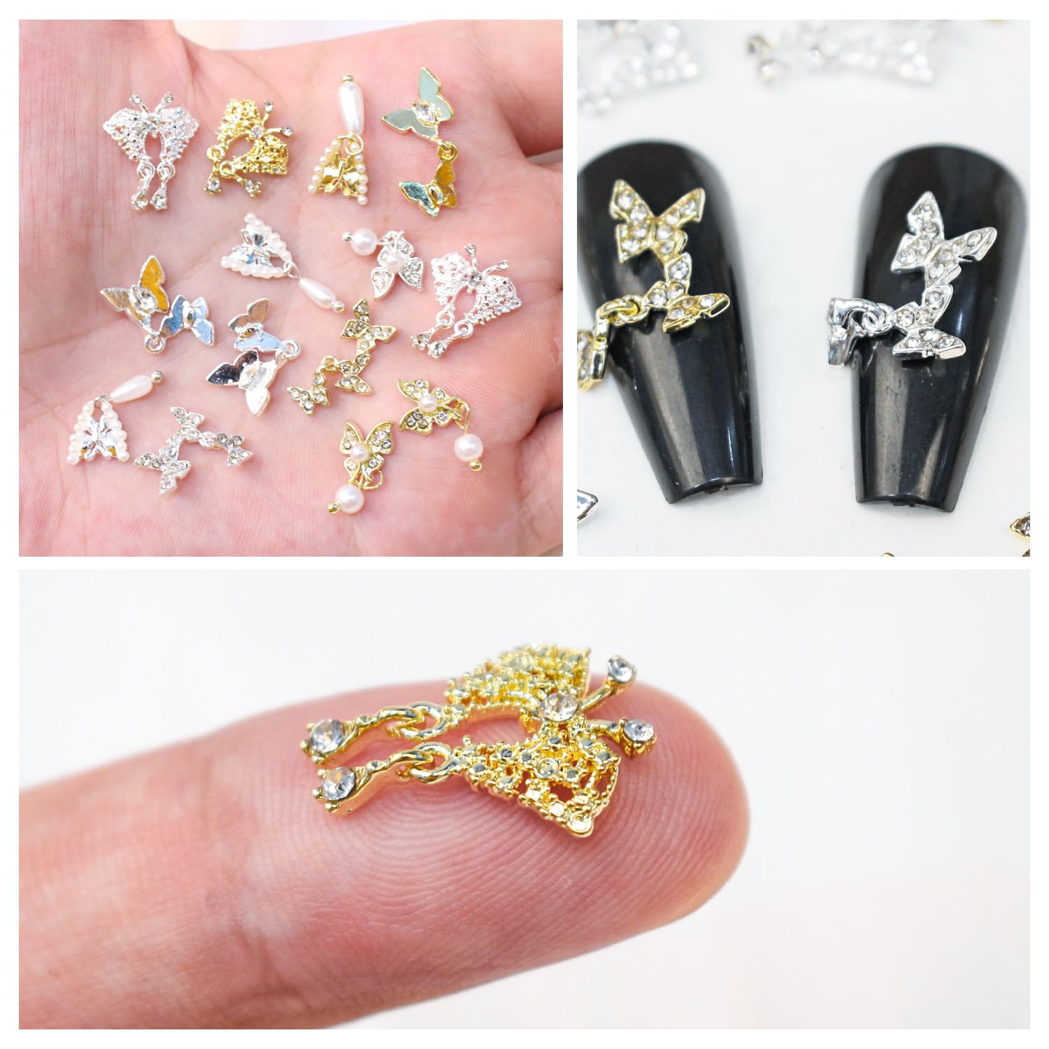 DANNEASY 20 dijes de mariposa 3D para uñas, colgantes con parte trasera plana, gemas de cristal, aleación de diamante, mariposas, decoración de uñas
