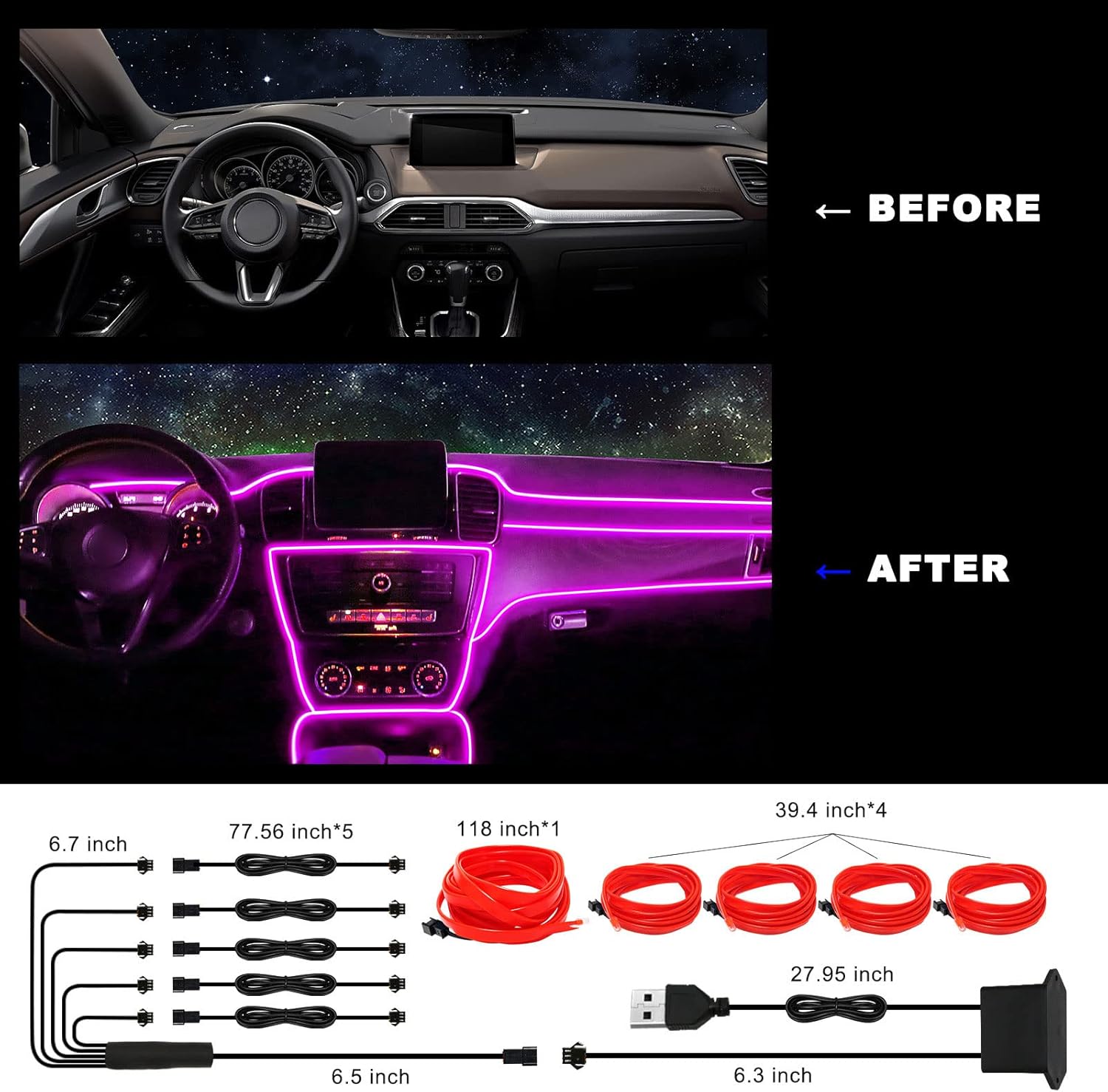 EL Wire Interior Car LED Strip Lights, FICOLPO 5 in 1 23FT USB Auto Neon Wire Lights with 6mm Sewing Edge- Glowing Electroluminescent Wire, Ambient