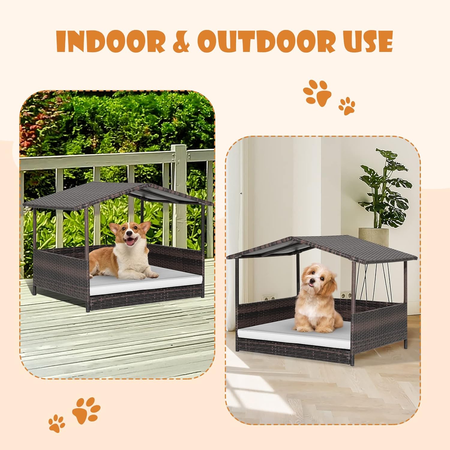 Giantex Casa de mimbre para perro, cama elevada de ratán para perros con techo impermeable, funda de cojín lavable, marco de acero, cama elevada