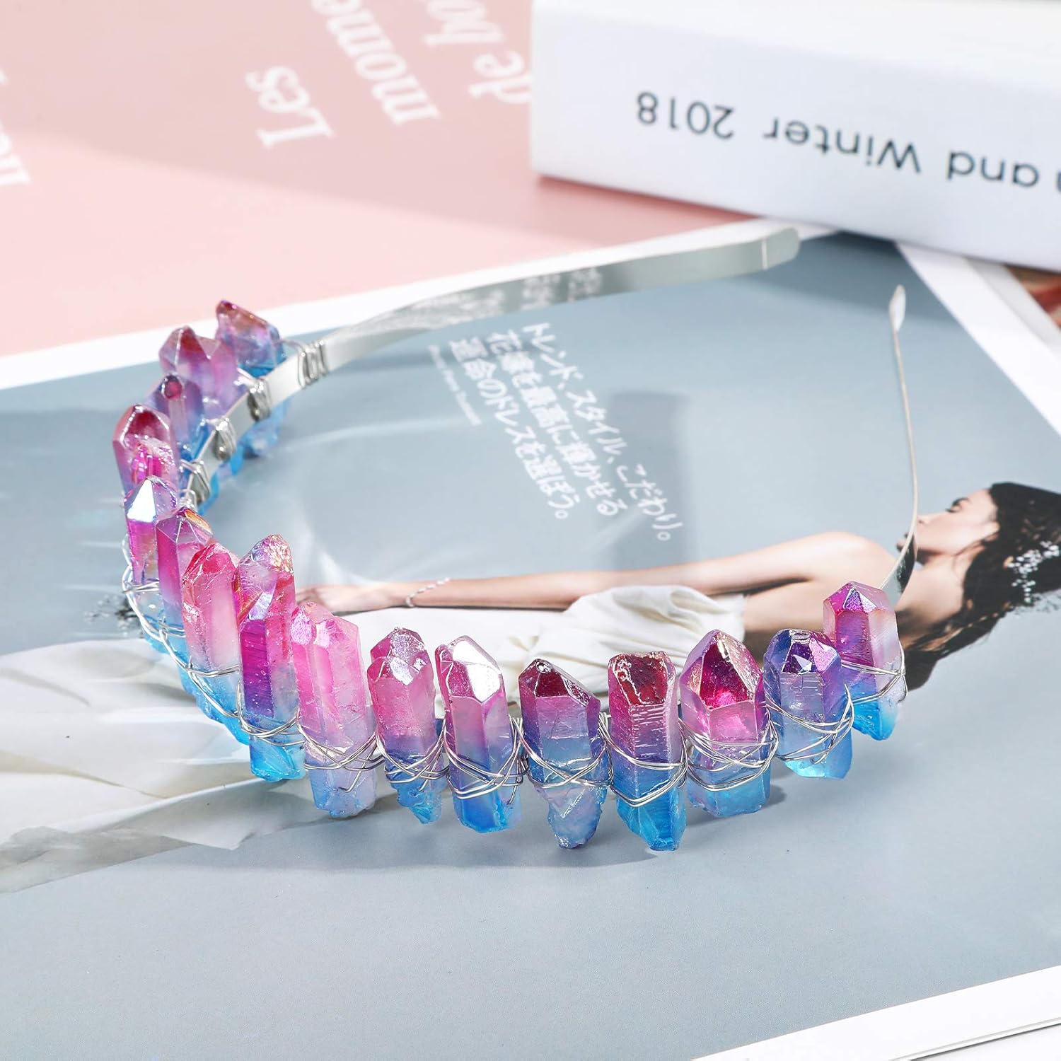 Diadema de cuarzo de cristal crudo, tiara con diamantes de imitación, diadema de sirena para mujeres, novia, boda, fiestas, aro de pelo (magenta +
