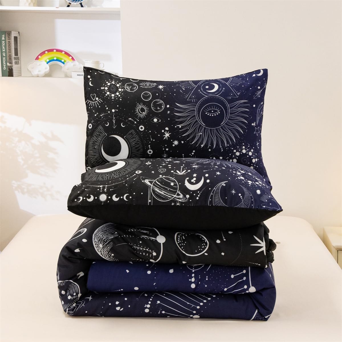 Holawakaka Juego de edredón con estampado de constelaciones de estrellas, luna, tamaño individual, para niñas y niños, juego de ropa de cama con