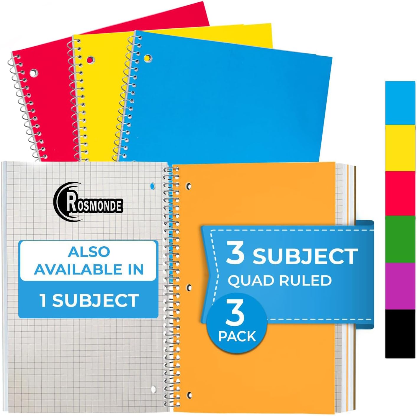 Cuadernos de espiral de 3 materias a rayas, paquete de 3, 300 páginas (150 hojas), 8 x 10-12 pulgadas, cuadrícula en espiral para la escuela y la
